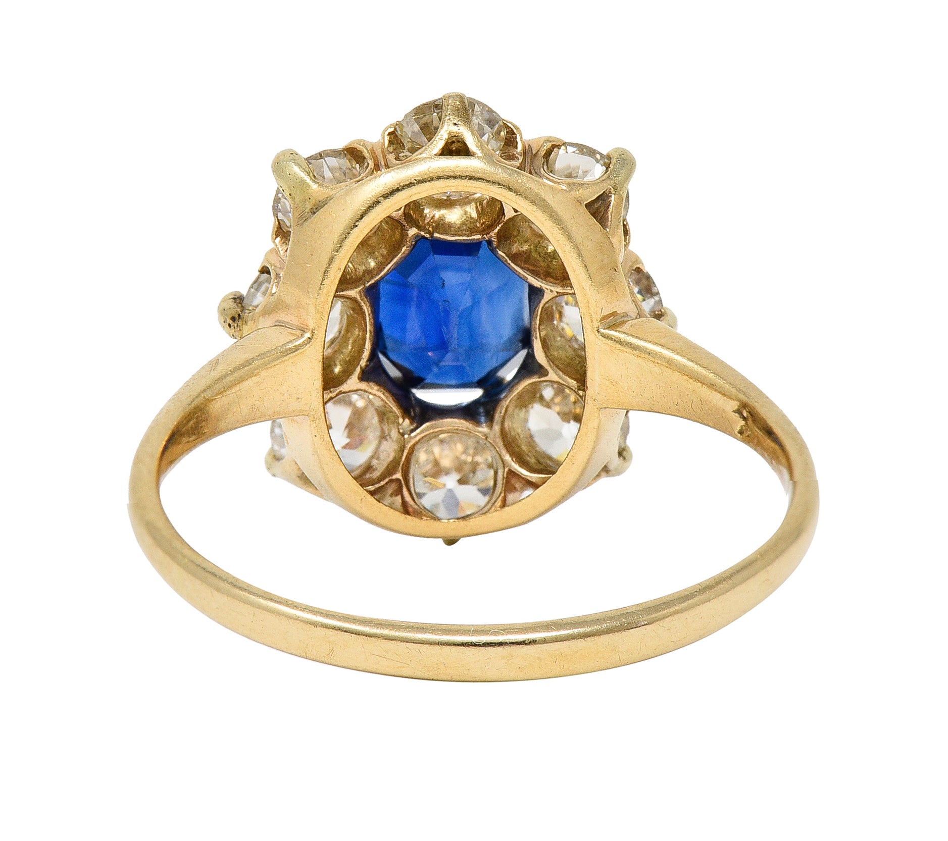 Victorian 2.64 CTW Oval Cut No Heat Sapphire Old European Cut Diamond 14 Karat Yellow Gold Antique Cluster Ring GIA Wilson's Estate Jewelry