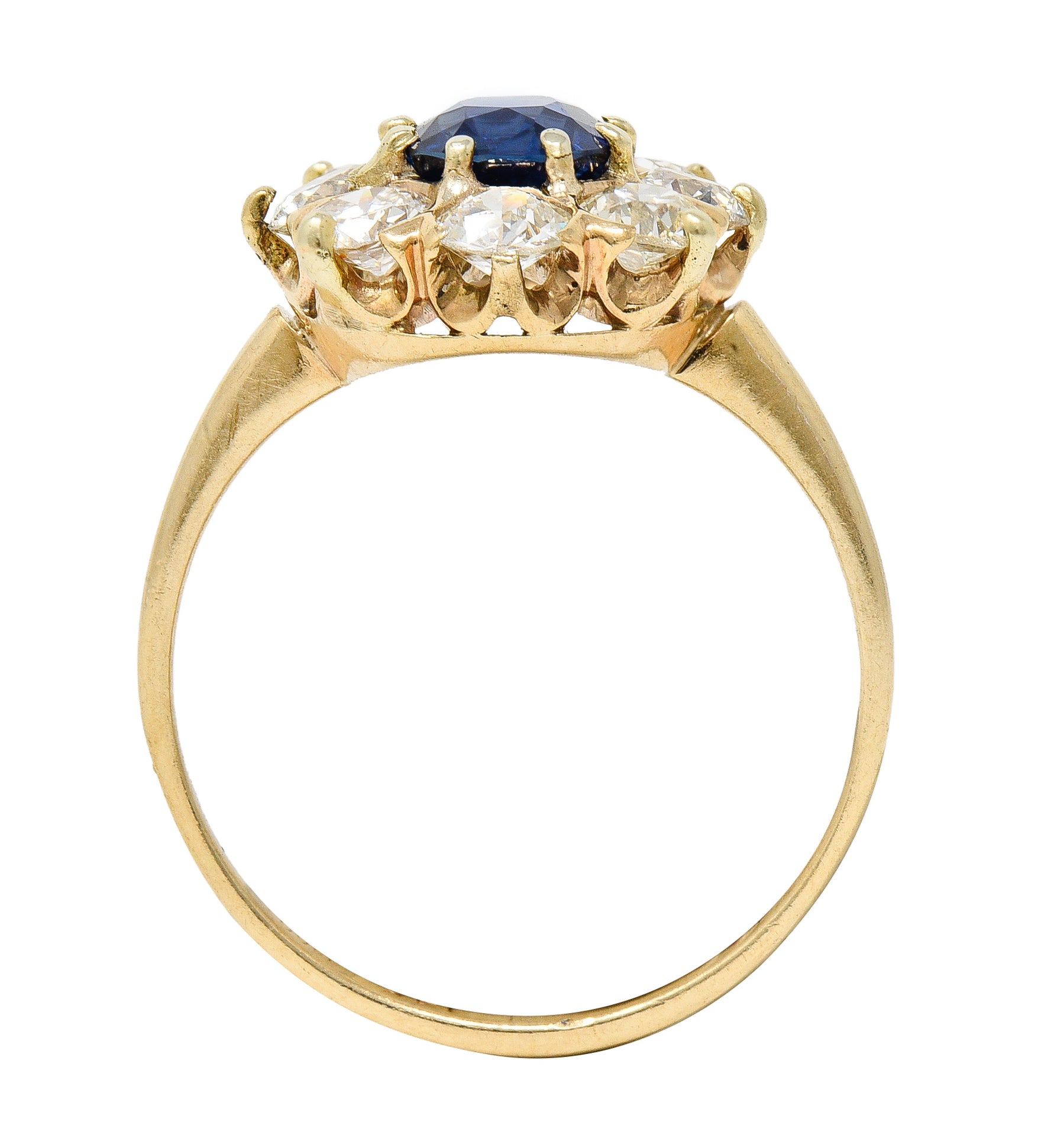 Victorian 2.64 CTW Oval Cut No Heat Sapphire Old European Cut Diamond 14 Karat Yellow Gold Antique Cluster Ring GIA Wilson's Estate Jewelry