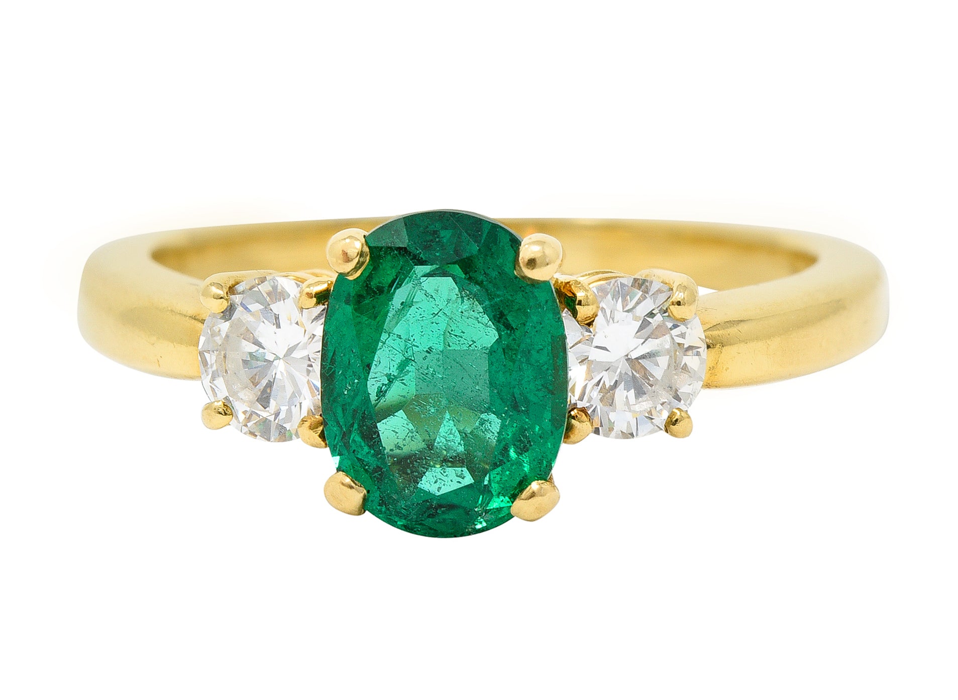 1990's 1.60 CTW Oval Cut Zambian Emerald Diamond 18 Karat Yellow Gold Vintage Three Stone GIA Wilson's Estate Jewelry