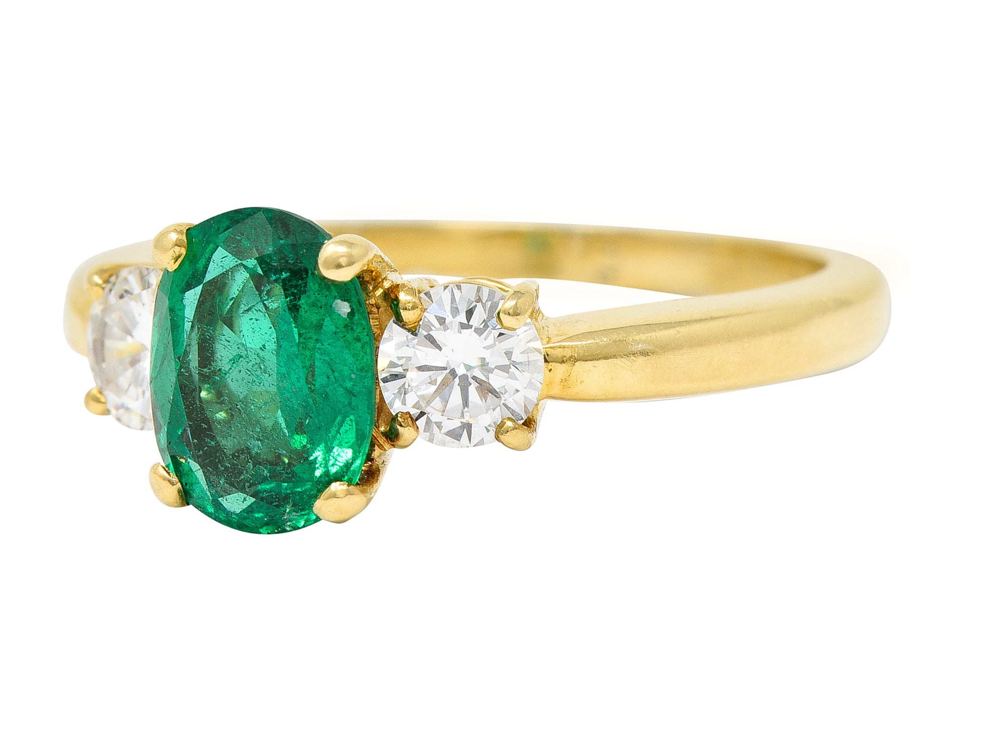 1990's 1.60 CTW Oval Cut Zambian Emerald Diamond 18 Karat Yellow Gold Vintage Three Stone GIA Wilson's Estate Jewelry