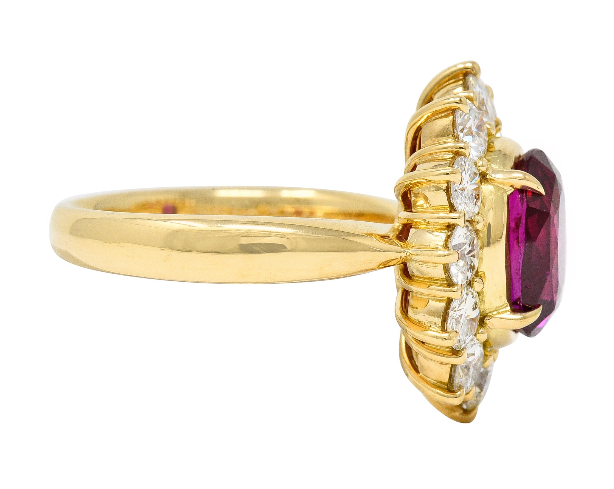 Contemporary 4.28 CTW Oval Step Cut Ruby Diamond 18 Karat Yellow Gold Halo Ring GIA Wilson's Estate Jewelry