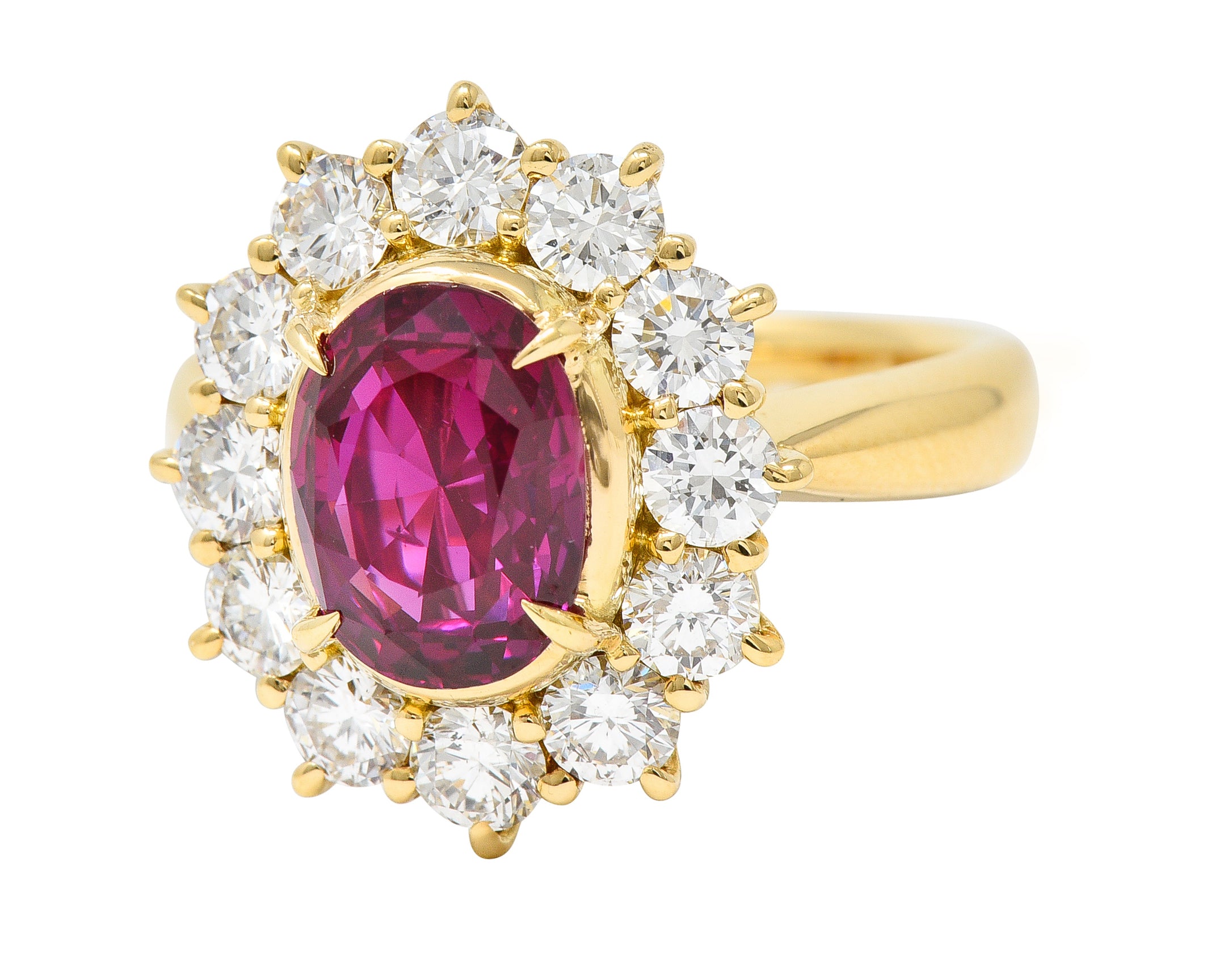 Contemporary 4.28 CTW Oval Step Cut Ruby Diamond 18 Karat Yellow Gold Halo Ring GIA Wilson's Estate Jewelry