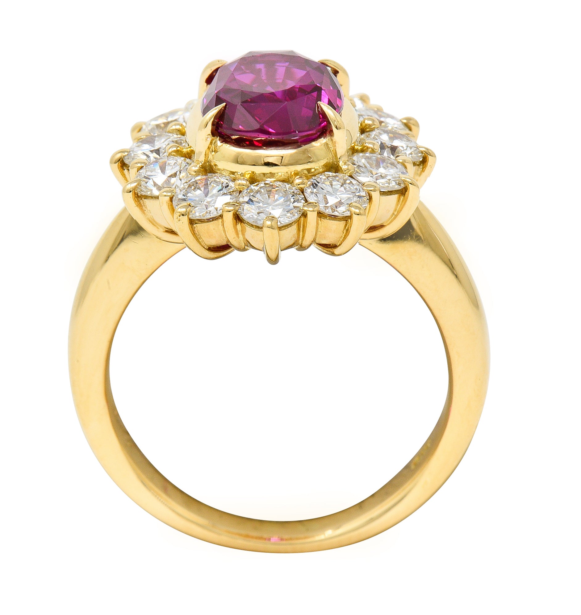 Contemporary 4.28 CTW Oval Step Cut Ruby Diamond 18 Karat Yellow Gold Halo Ring GIA Wilson's Estate Jewelry