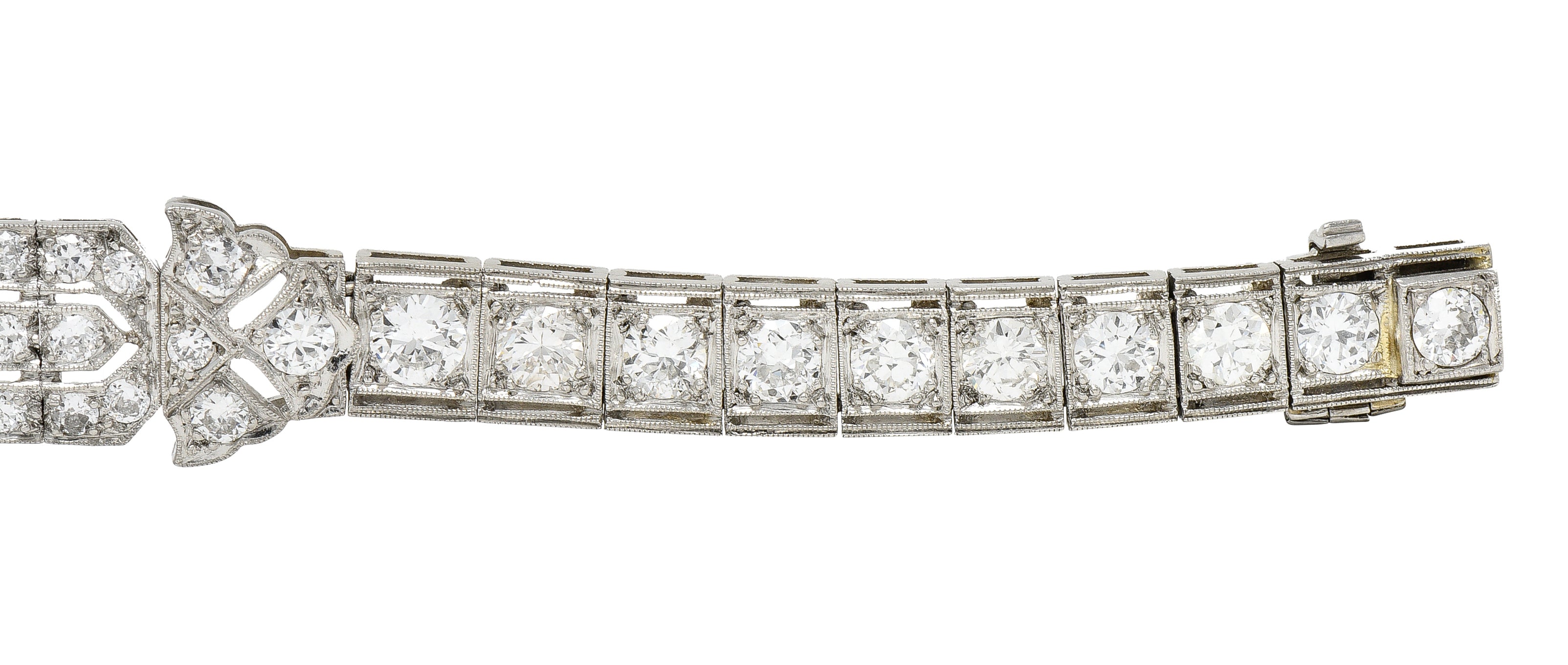 Art Deco 7.86 CTW Old European & Mine Cut Diamond Onyx Platinum Buckle Line Bracelet Wilson's Estate Jewelry