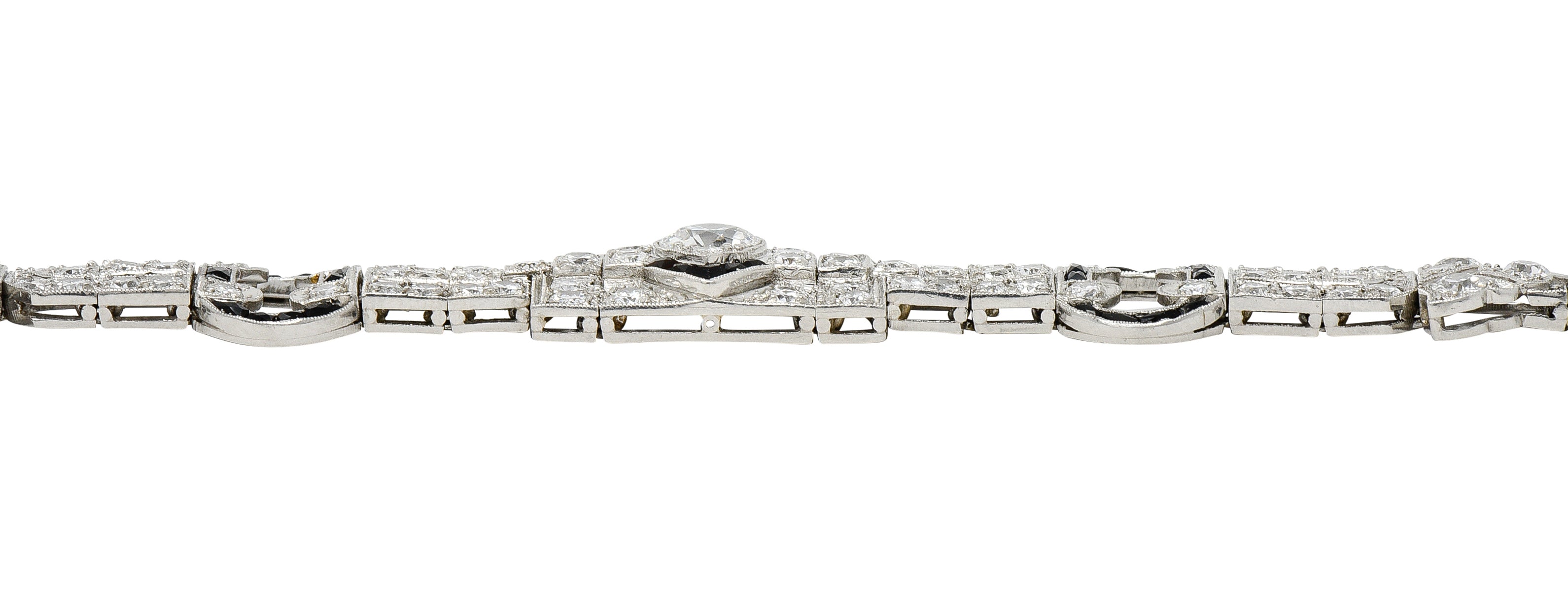 Art Deco 7.86 CTW Old European & Mine Cut Diamond Onyx Platinum Buckle Line Bracelet Wilson's Estate Jewelry