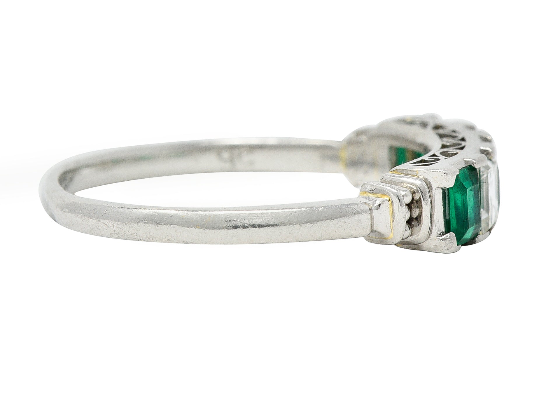 Contemporary 0.97 CTW Emerald Diamond Platinum Scrolling Band Ring Wilson's Estate Jewelry