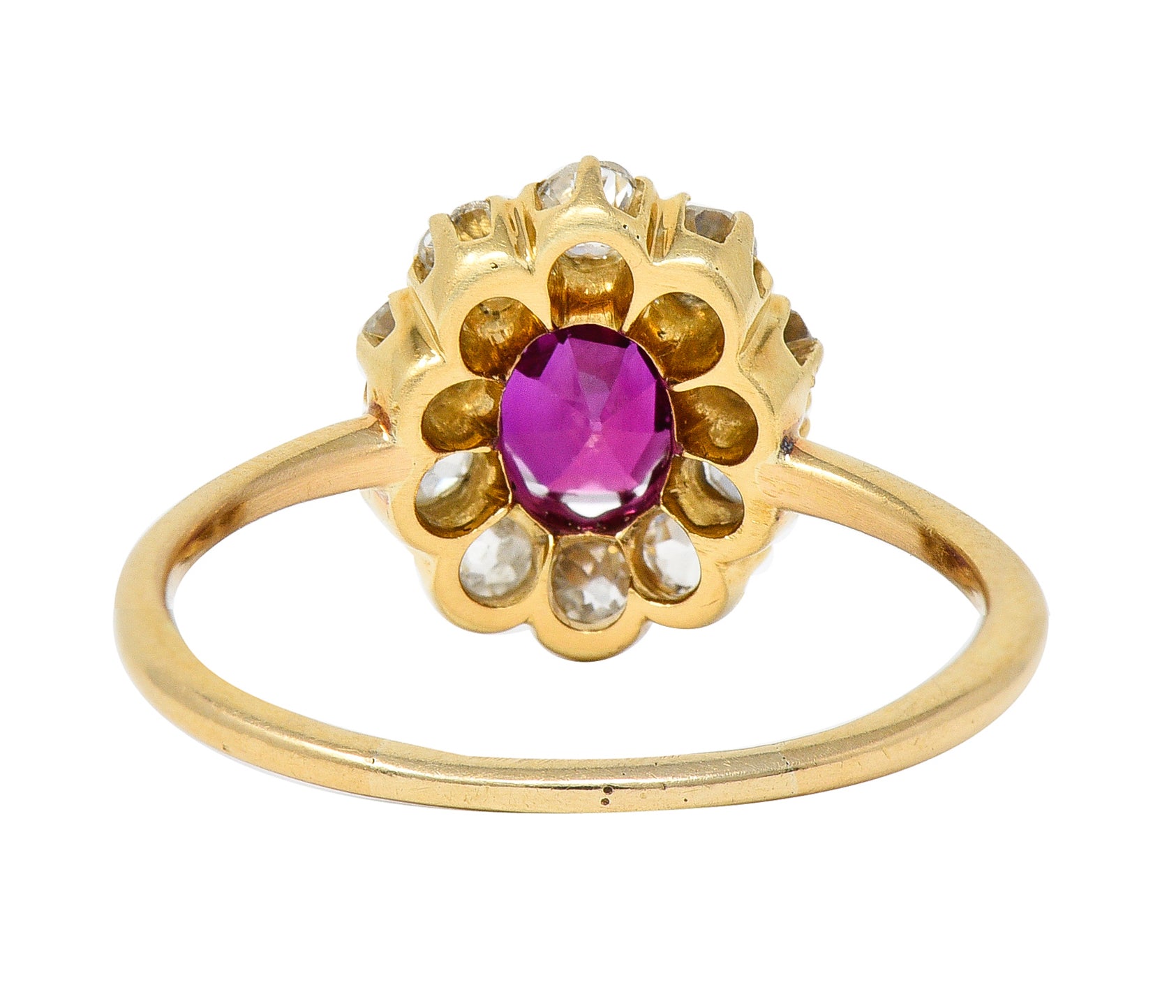 Victorian 1.82 CTW Oval Cut Ruby Old Mine Cut Diamond 14 Karat Yellow Gold Antique Cluster Ring Wilson's Estate Jewelry