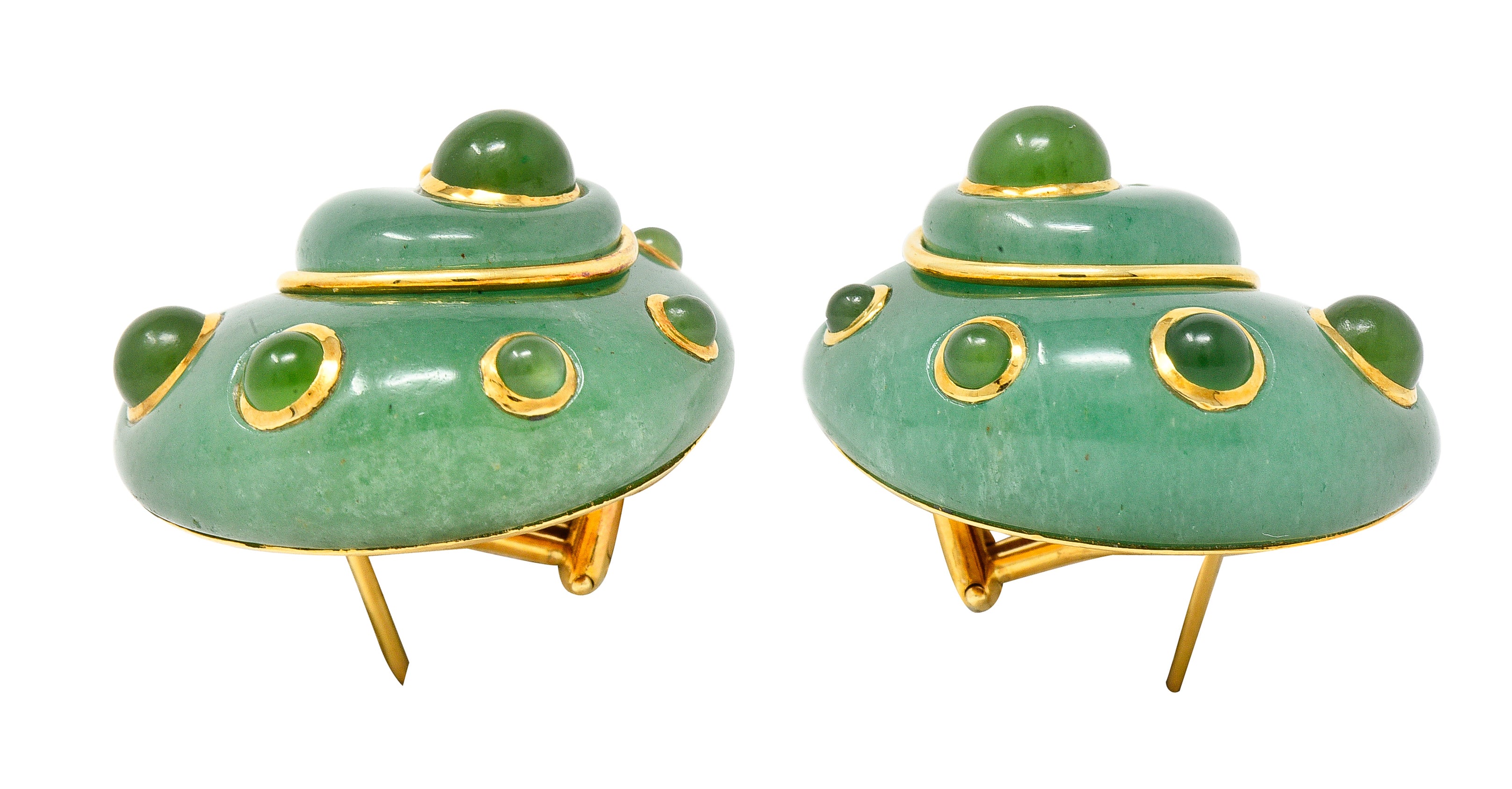 Verdura 1980's  Carved Aventurine Nephrite Jade Cabochon 18 Karat Yellow Gold Sea Shell Vintage Earrings Wilson's Estate Jewelry