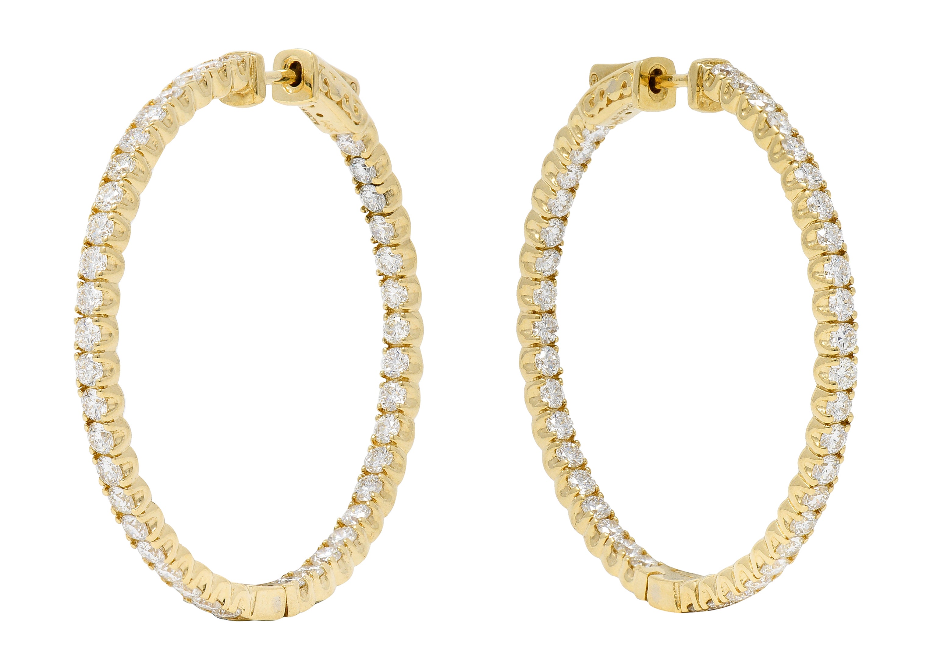 Contemporary 4.00 CTW Diamond 14 Karat Yellow Gold Round  Inside Outside Hoop Earrings Wilson's Estate Jewelry