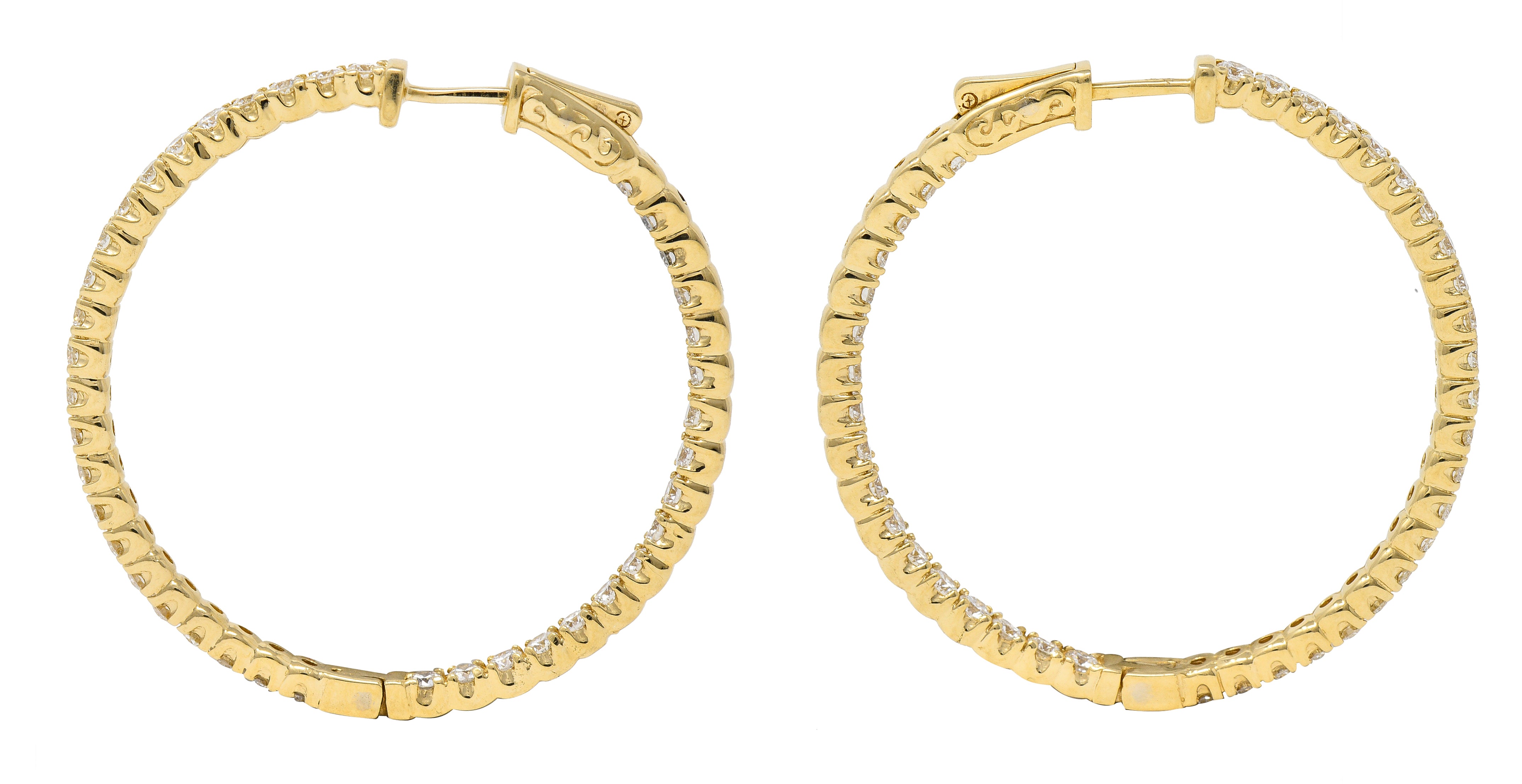 Contemporary 4.00 CTW Diamond 14 Karat Yellow Gold Round  Inside Outside Hoop Earrings Wilson's Estate Jewelry