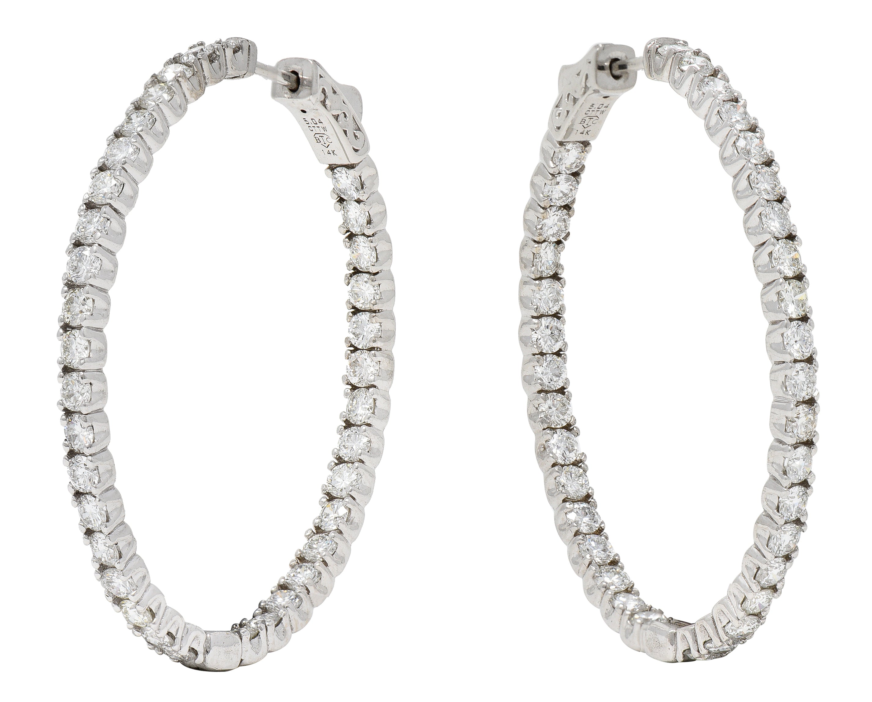 Contemporary 5.04 CTW Diamond 14 Karat White Gold Oval Inside Outside Hoop Earrings Wilson's Estate Jewelry