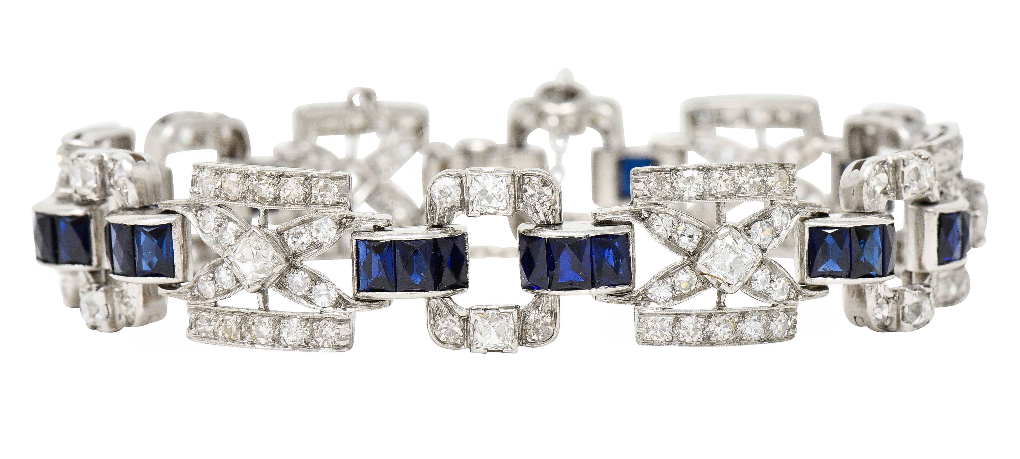 Art Deco 6.42 CTW Old Mine Cut Diamond Platinum X Buckle Line Bracelet Wilson's Estate Jewelry