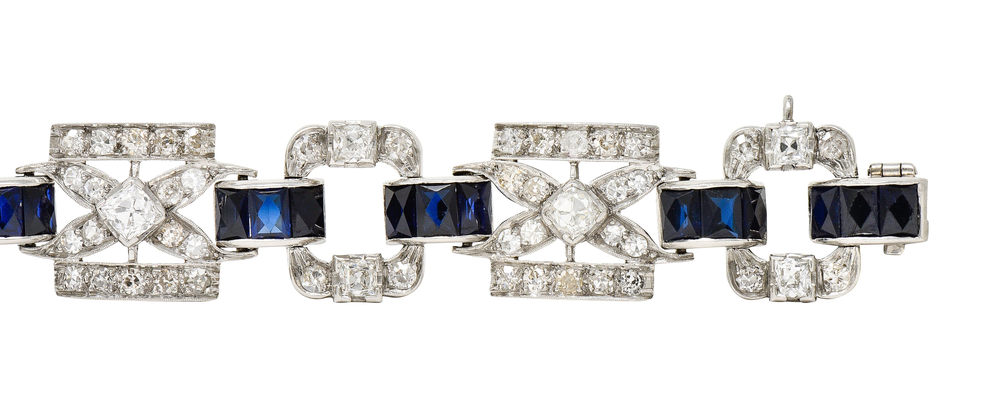 Art Deco 6.42 CTW Old Mine Cut Diamond Platinum X Buckle Line Bracelet Wilson's Estate Jewelry