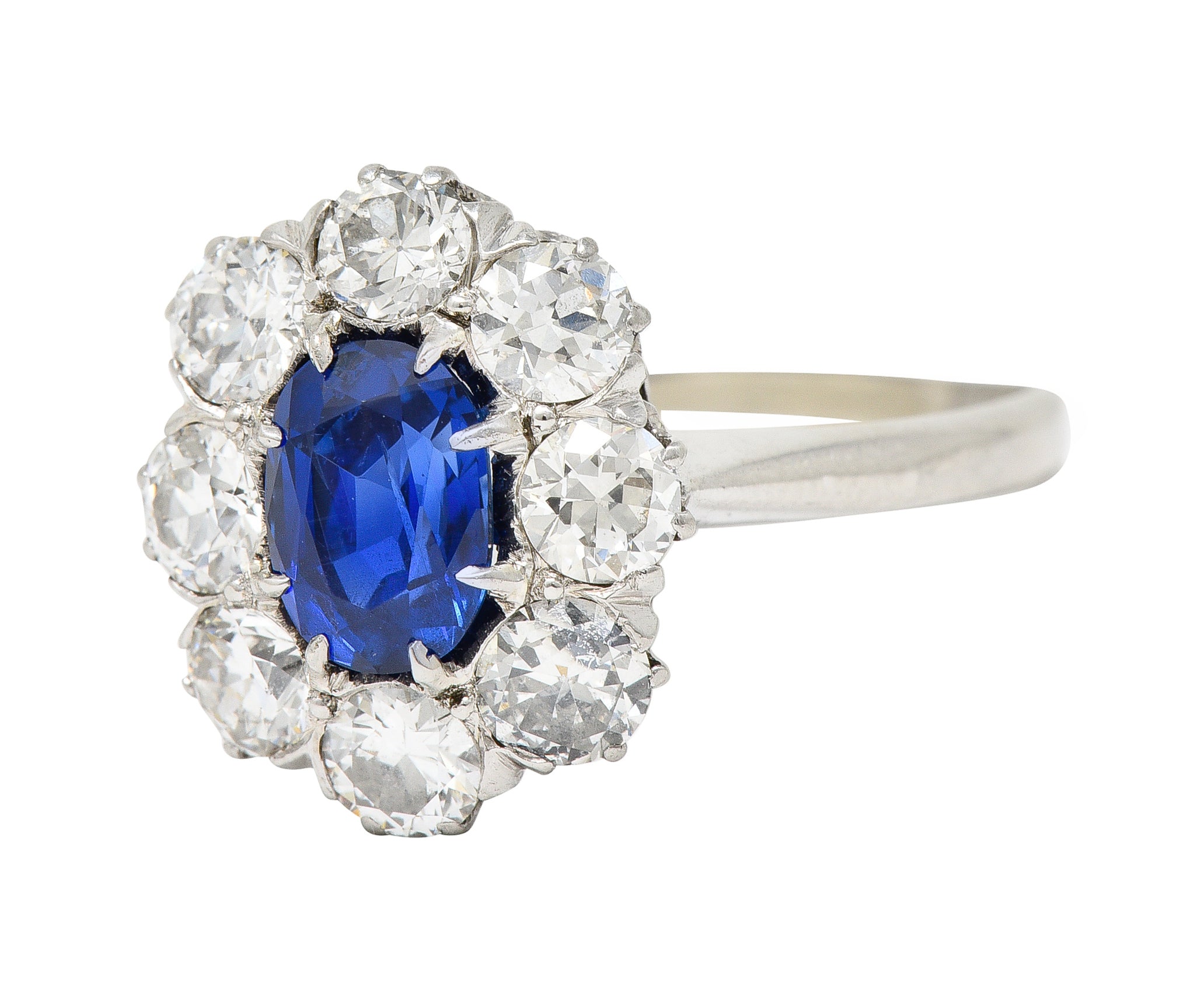 Edwardian 2.48 CTW No Heat Burma Sapphire Old European Cut Diamond Platinum Antique Halo Ring GIA Wilson's Estate Jewelry