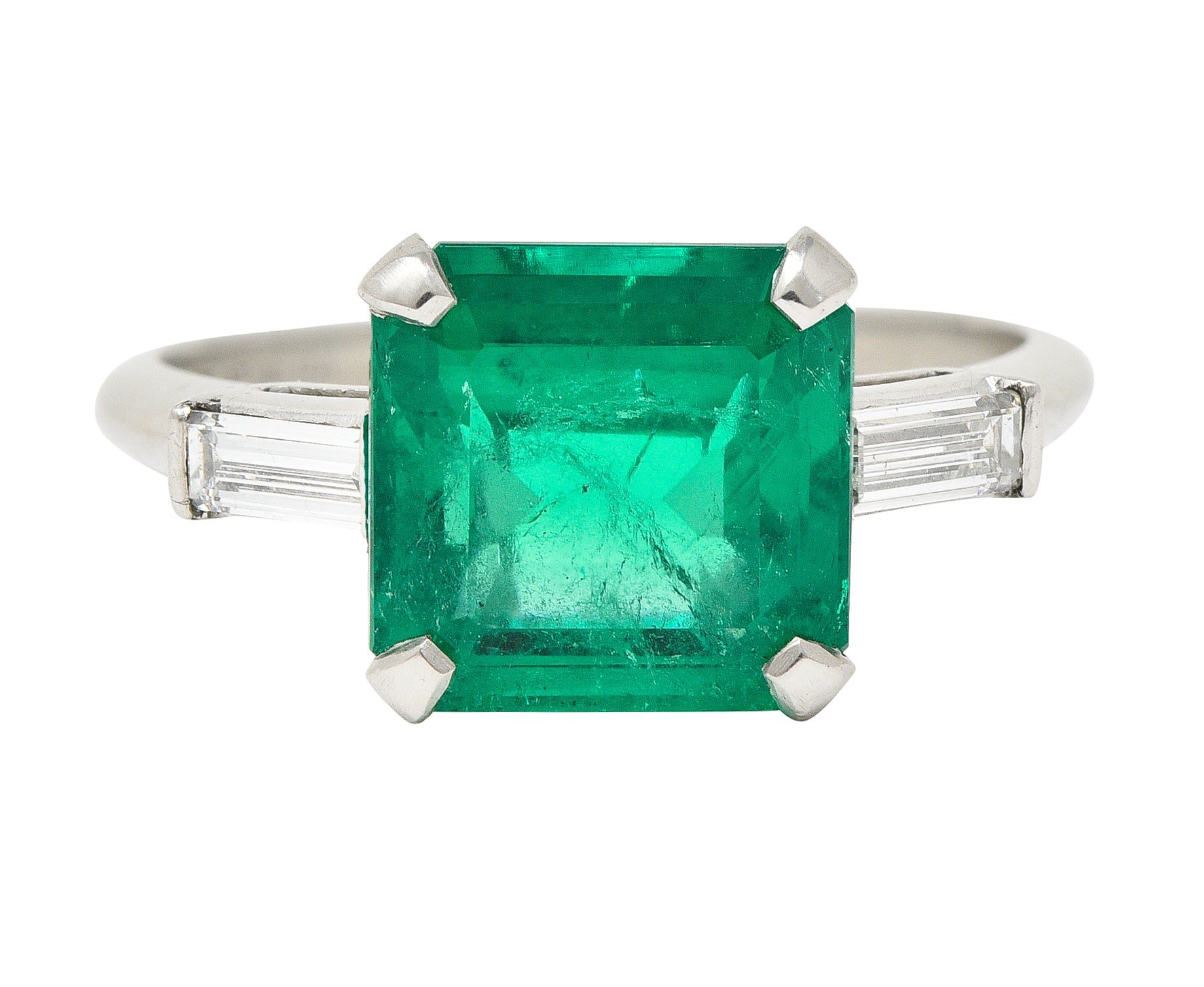 Mid-Century 3.48 CTW Square Step Cut Colombian Emerald Diamond Platinum Vintage Three Stone Ring GIA Wilson's Estate Jewelry