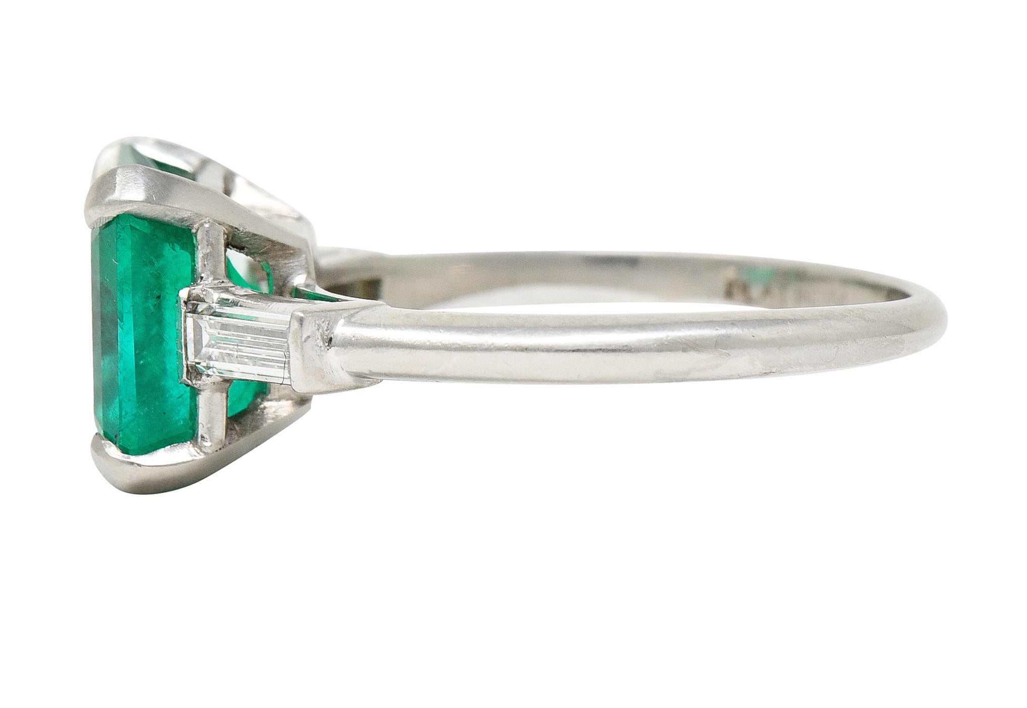 Mid-Century 3.48 CTW Square Step Cut Colombian Emerald Diamond Platinum Vintage Three Stone Ring GIA Wilson's Estate Jewelry