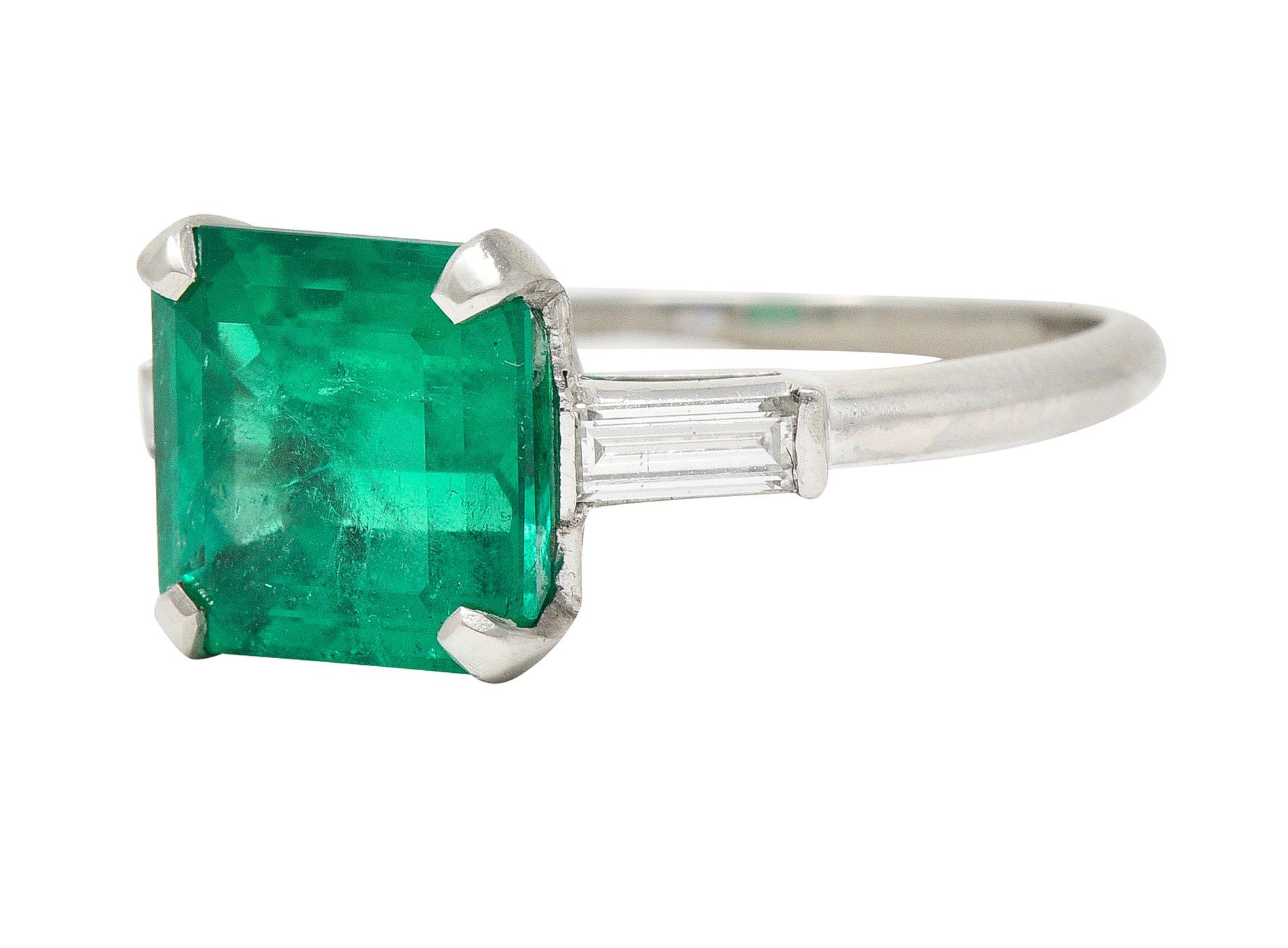 Mid-Century 3.48 CTW Square Step Cut Colombian Emerald Diamond Platinum Vintage Three Stone Ring GIA Wilson's Estate Jewelry