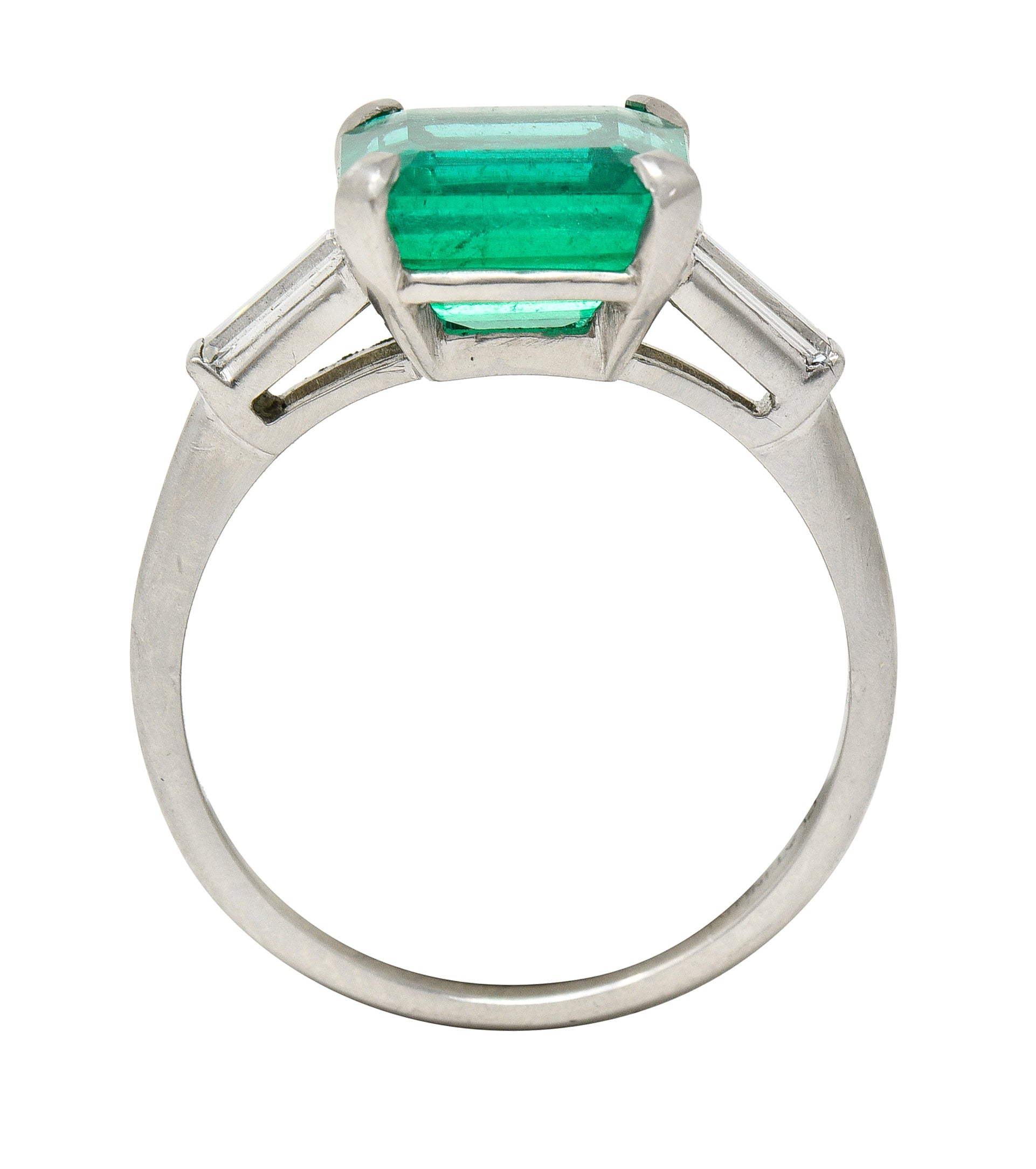 Mid-Century 3.48 CTW Square Step Cut Colombian Emerald Diamond Platinum Vintage Three Stone Ring GIA Wilson's Estate Jewelry