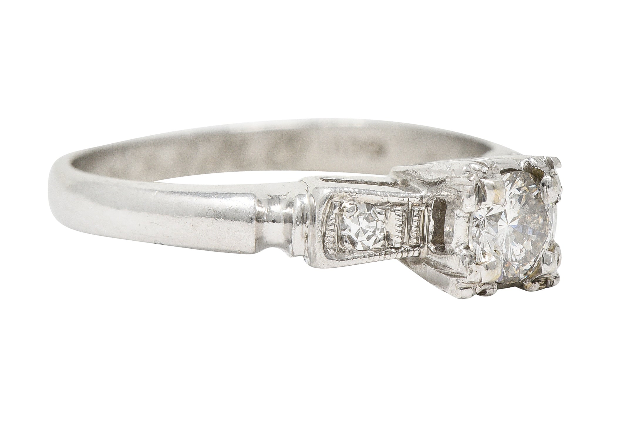 Mid-Century 0.40 CTW Transitional Cut Diamond Platinum Bow Vintage Engagement Ring Wilson's Estate Jewelry