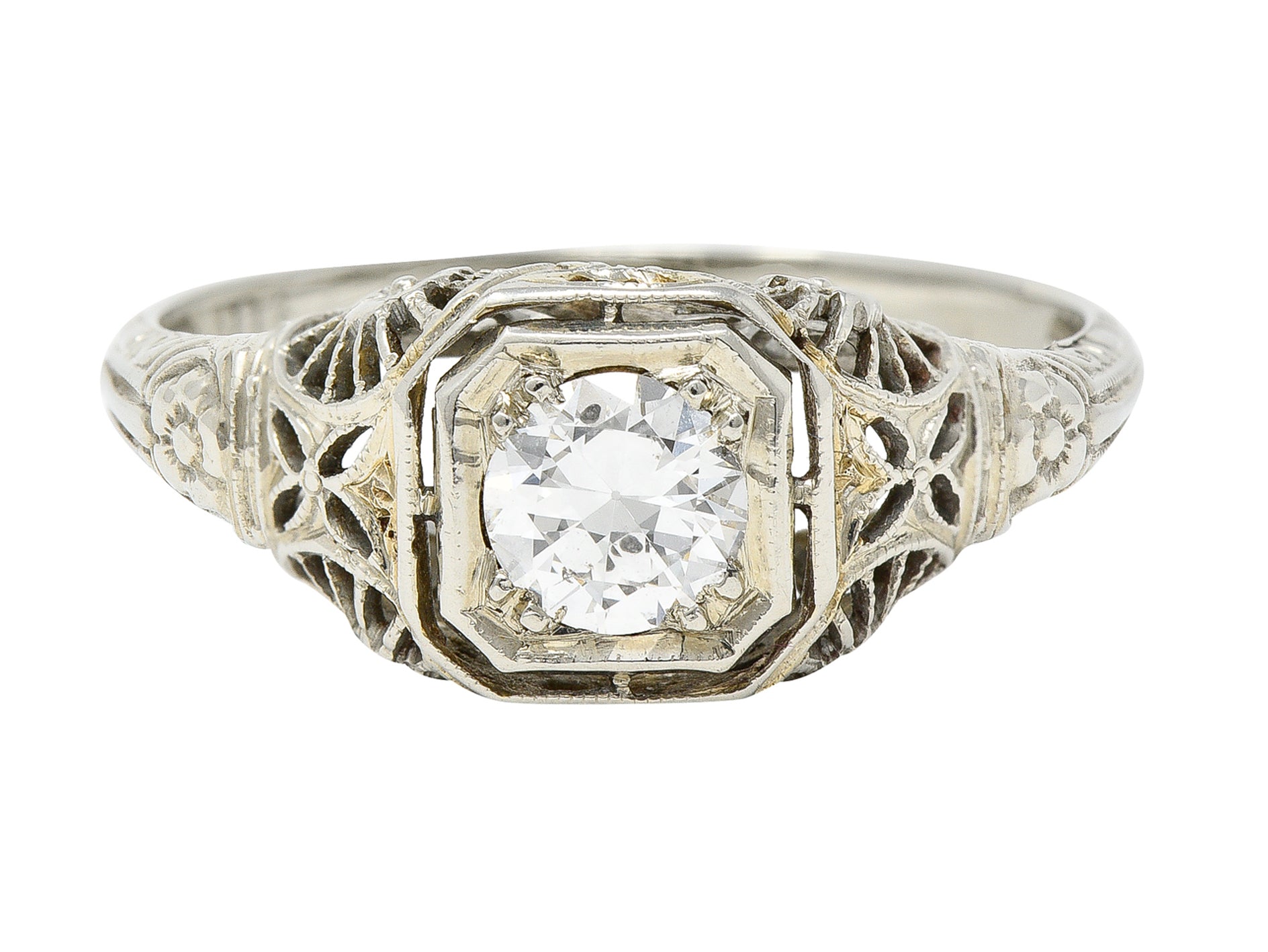 Art Deco 0.34 CTW Diamond 18 Karat White Gold Orange Blossom Floral Engagement Ring Wilson's Estate Jewelry