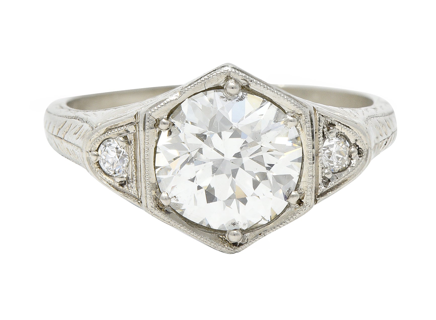 Art Deco 1.60 CTW Old European Cut Diamond 14 Karat White Gold Wheat Hexagonal Engagement Ring Wilson's Estate Jewelry