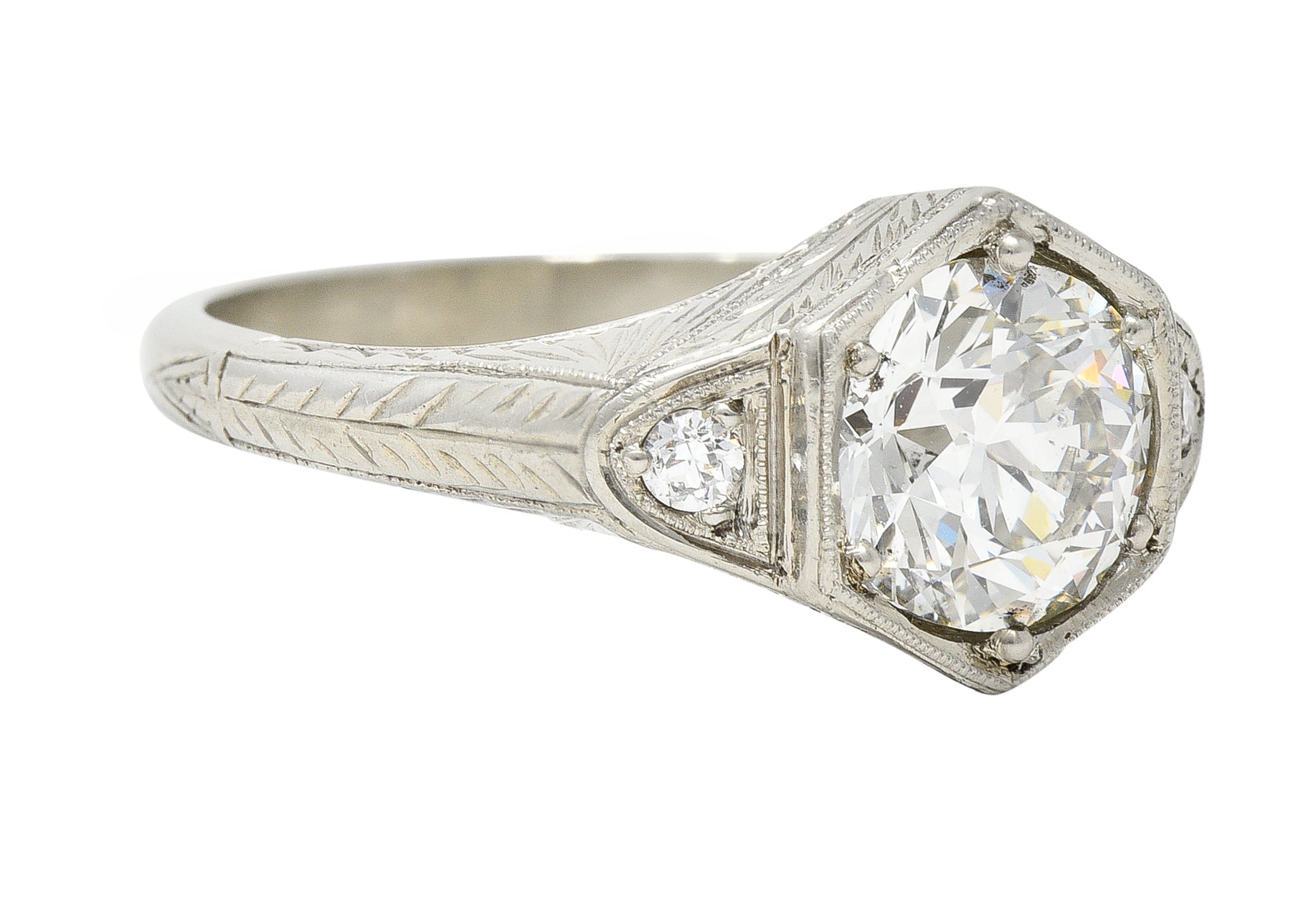 Art Deco 1.60 CTW Old European Cut Diamond 14 Karat White Gold Wheat Hexagonal Engagement Ring Wilson's Estate Jewelry