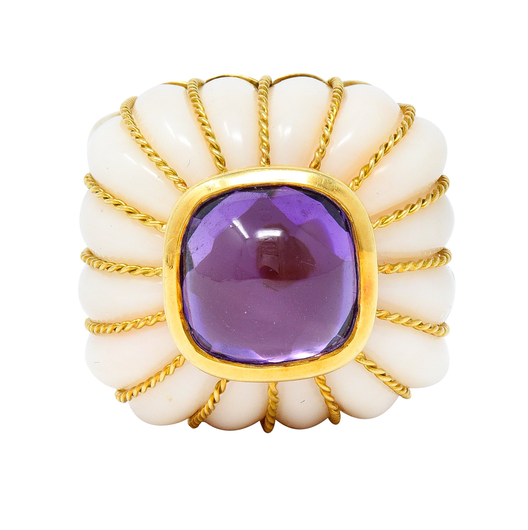 Tony Duquette 1960's Amethyst Cabochon Carved White Coral 18 Karat Yellow Gold Fluted Vintage Cocktail Ring Wilson's Estate Jewelry