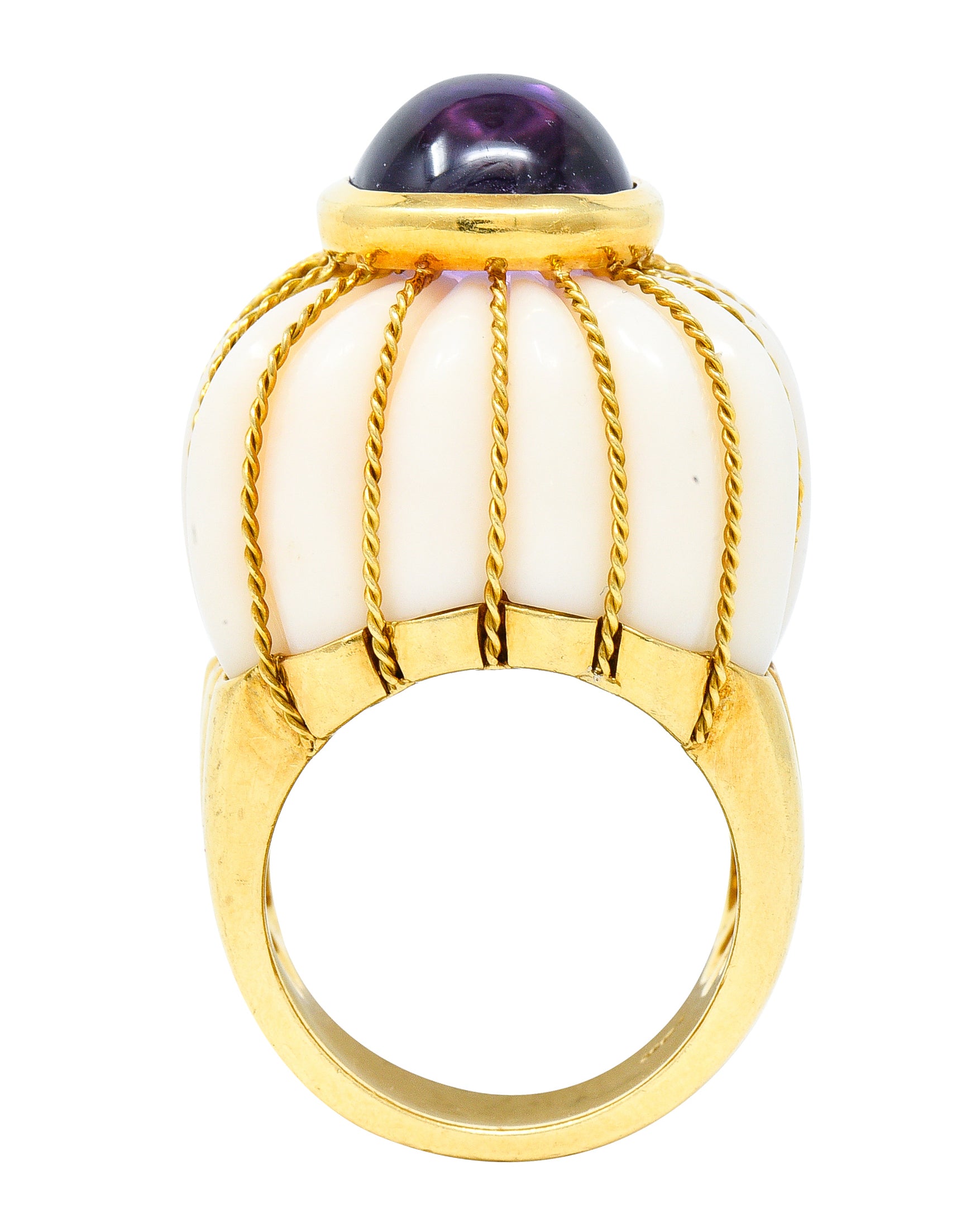 Tony Duquette 1960's Amethyst Cabochon Carved White Coral 18 Karat Yellow Gold Fluted Vintage Cocktail Ring Wilson's Estate Jewelry