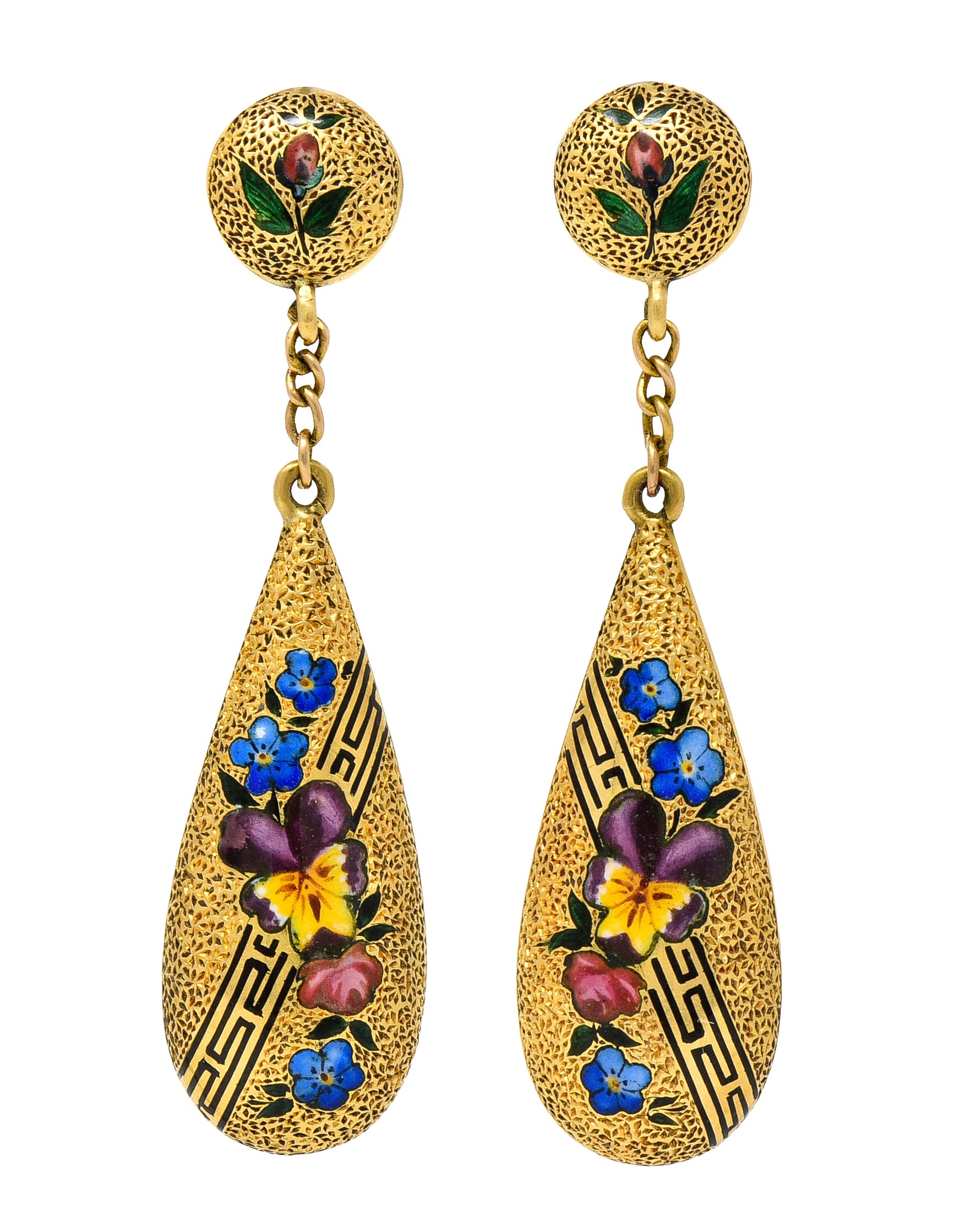 Victorian Enamel 14 Karat Yellow Gold Pansy Forget-Me-Not Greek Key Antique Drop Earrings Wilson's Estate Jewelry