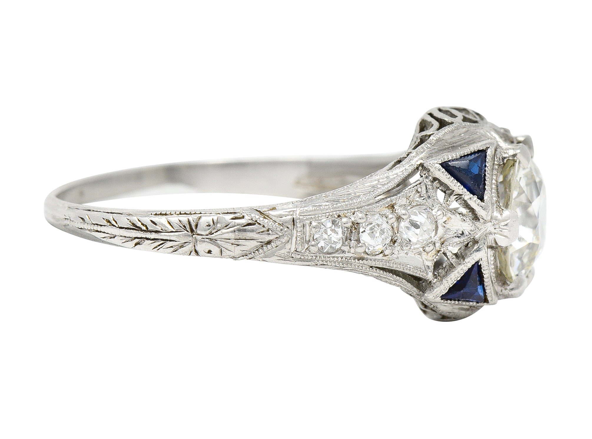 Art Deco 1.27 CTW Old European Cut Diamond Sapphire Platinum Lotus Foliate Engagement Ring Wilson's Estate Jewelry