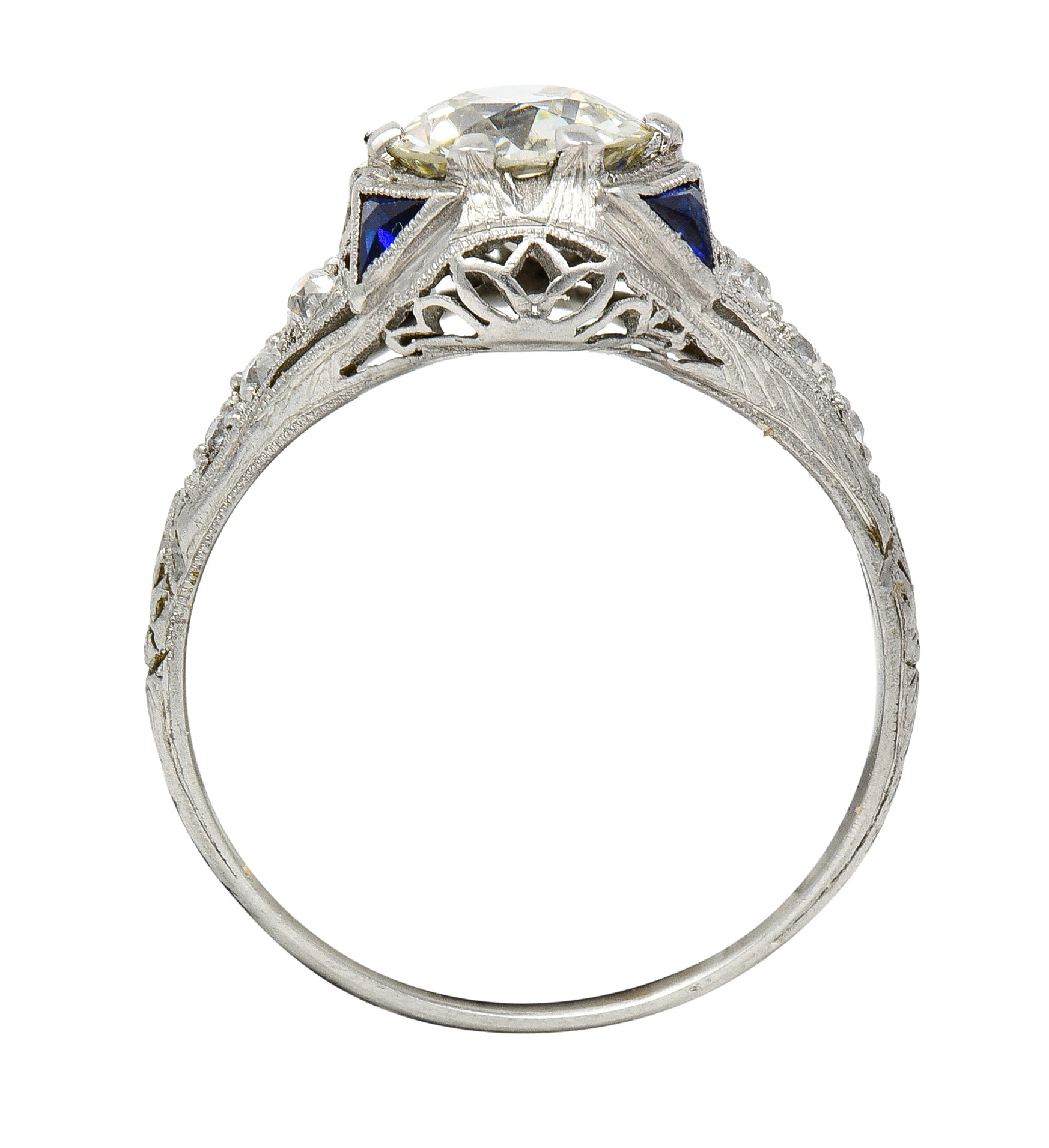 Art Deco 1.27 CTW Old European Cut Diamond Sapphire Platinum Lotus Foliate Engagement Ring Wilson's Estate Jewelry