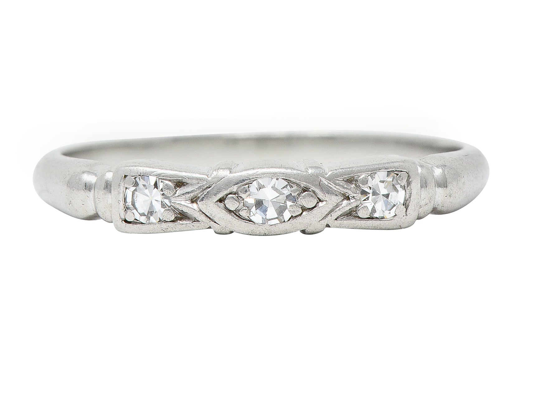 Art Deco Diamond Platinum Navette Three Stone Band Ring Wilson's Estate Jewelry