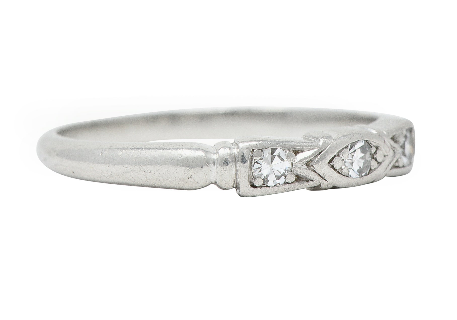 Art Deco Diamond Platinum Navette Three Stone Band Ring Wilson's Estate Jewelry