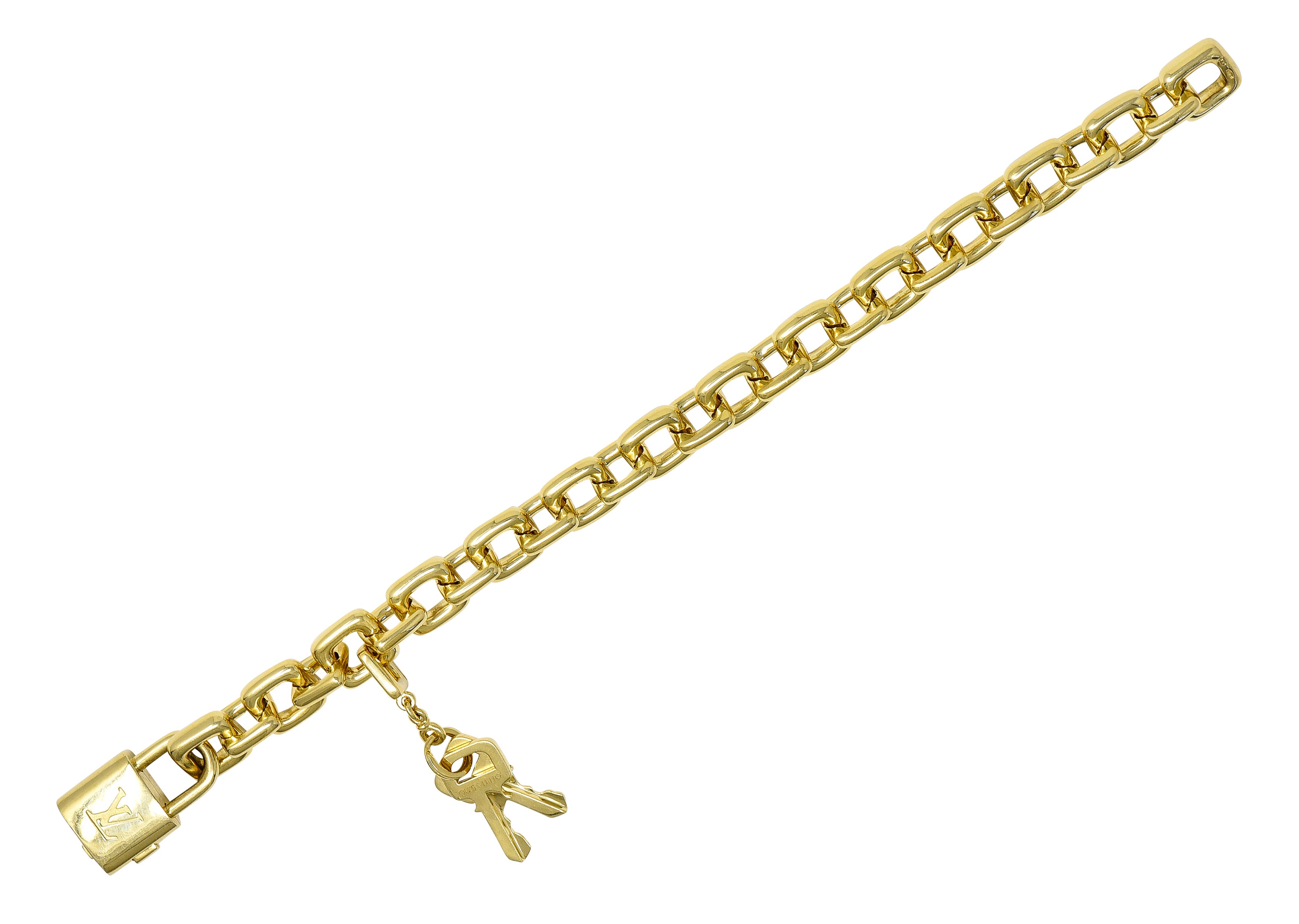 Louis Vuitton Paris 2000's 18 Karat Yellow Gold Square Lock & Key Vintage Charm Bracelet Wilson's Estate Jewelry