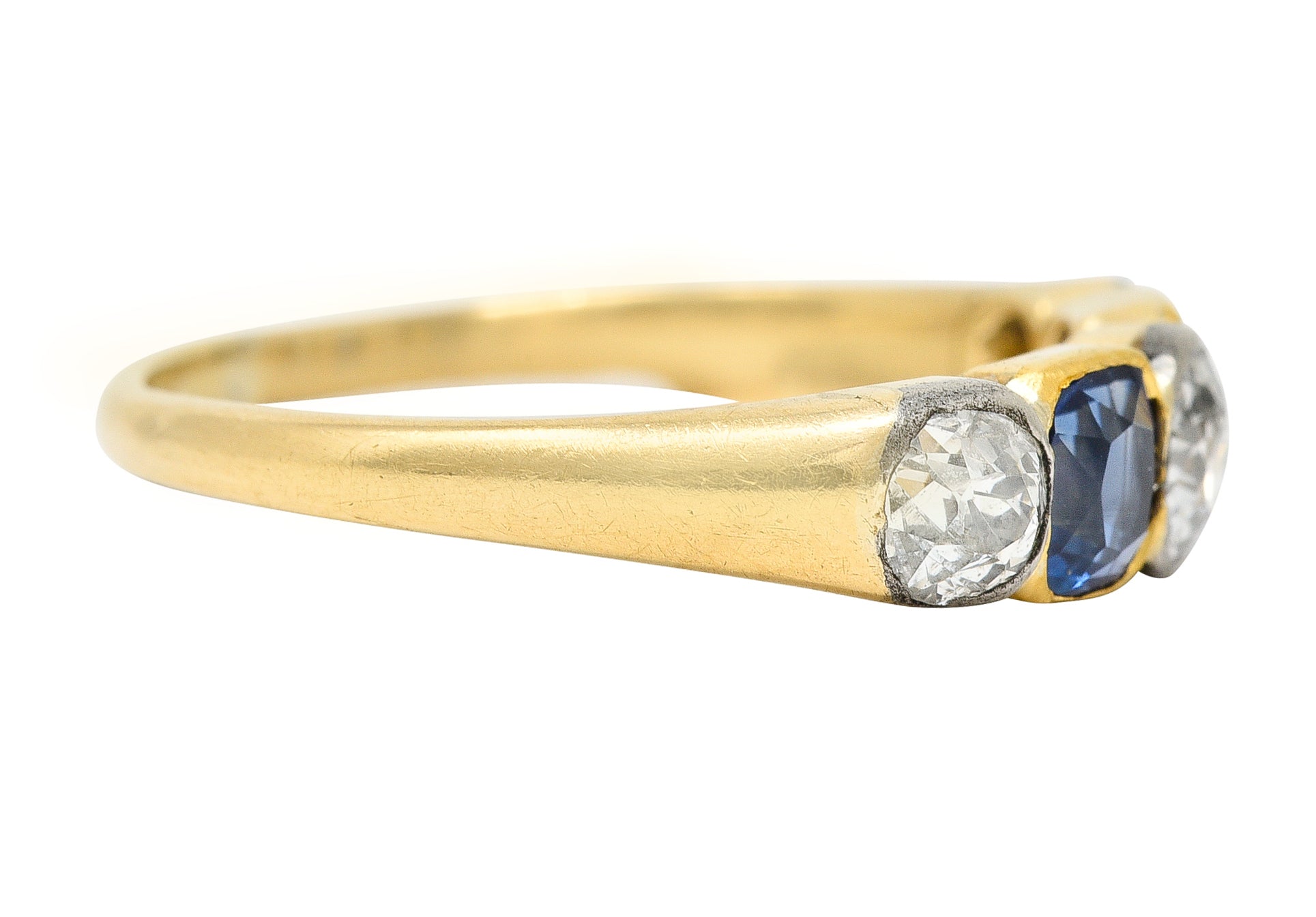 Victorian 1.63 CTW Old Mine Cut Diamond Sapphire Platinum 14 Karat Yellow Gold Five Stone Antique Band Ring Wilson's Estate Jewelry