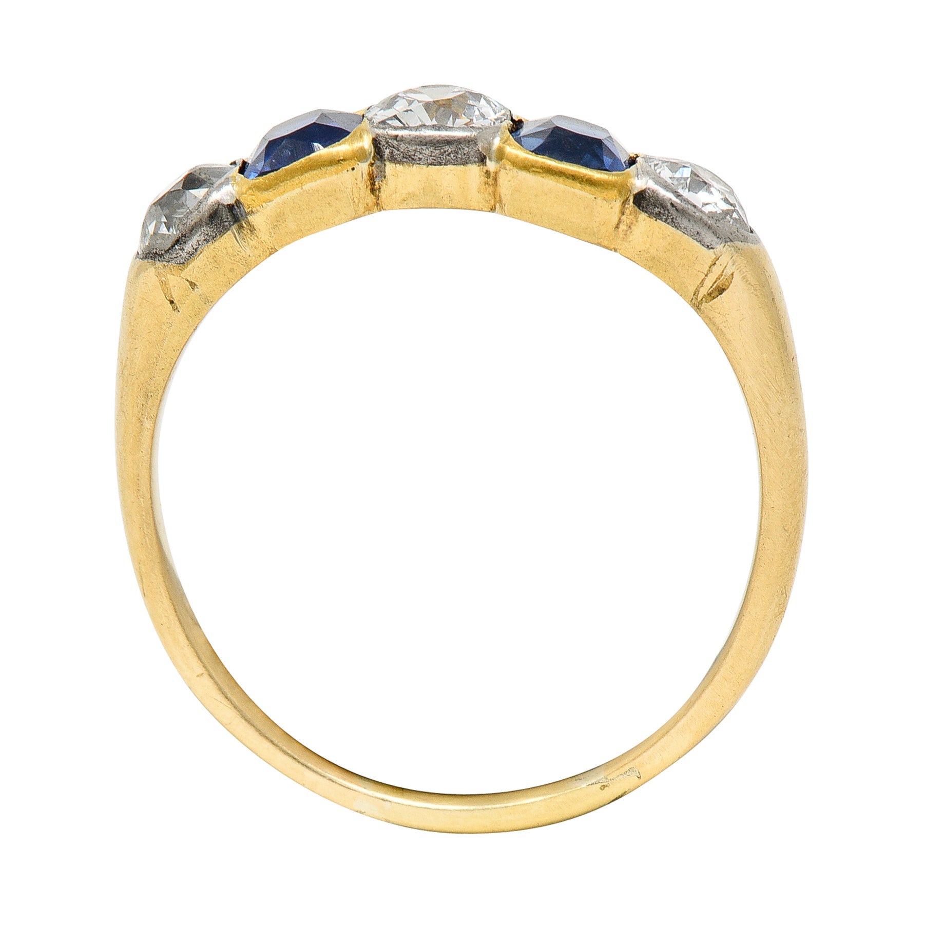 Victorian 1.63 CTW Old Mine Cut Diamond Sapphire Platinum 14 Karat Yellow Gold Five Stone Antique Band Ring Wilson's Estate Jewelry