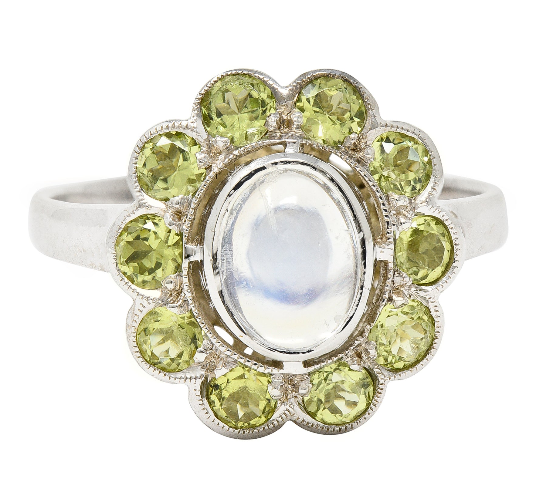 Art Deco Moonstone Peridot 18 Karat White Gold Halo Ring Wilson's Estate Jewelry