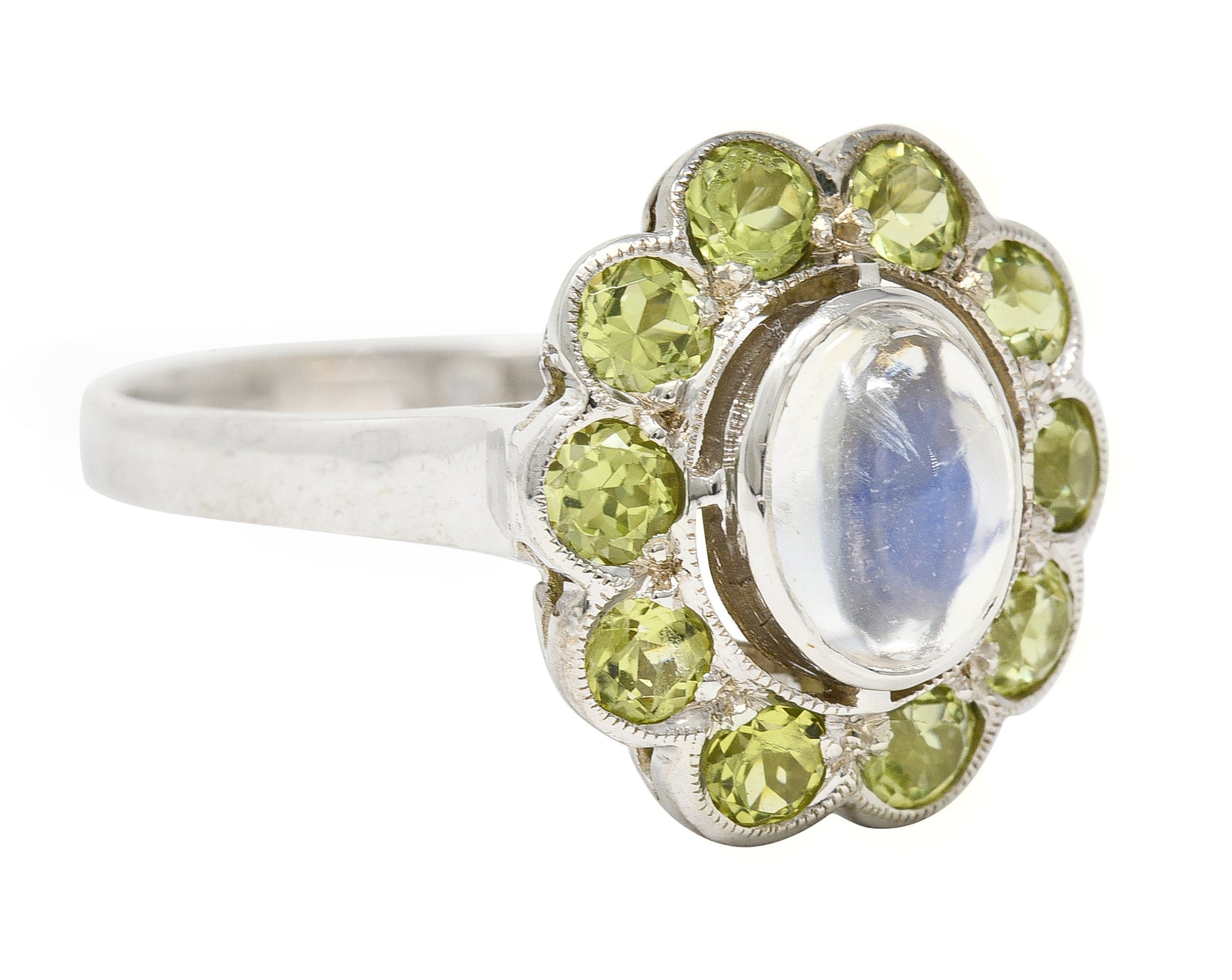 Art Deco Moonstone Peridot 18 Karat White Gold Halo Ring Wilson's Estate Jewelry