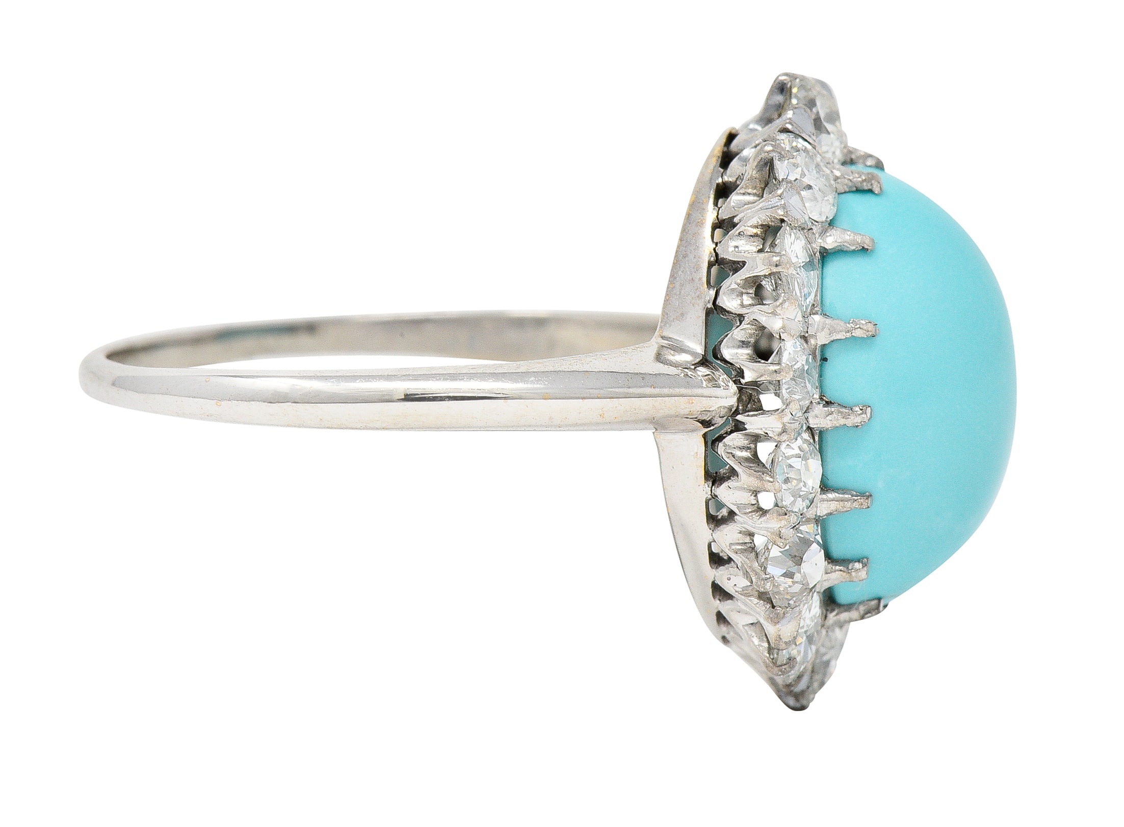 Art Deco 1.20 CTW Turquoise Cabochon Old European Cut Diamond 14 Karat White Gold Halo Ring Wilson's Estate Jewelry