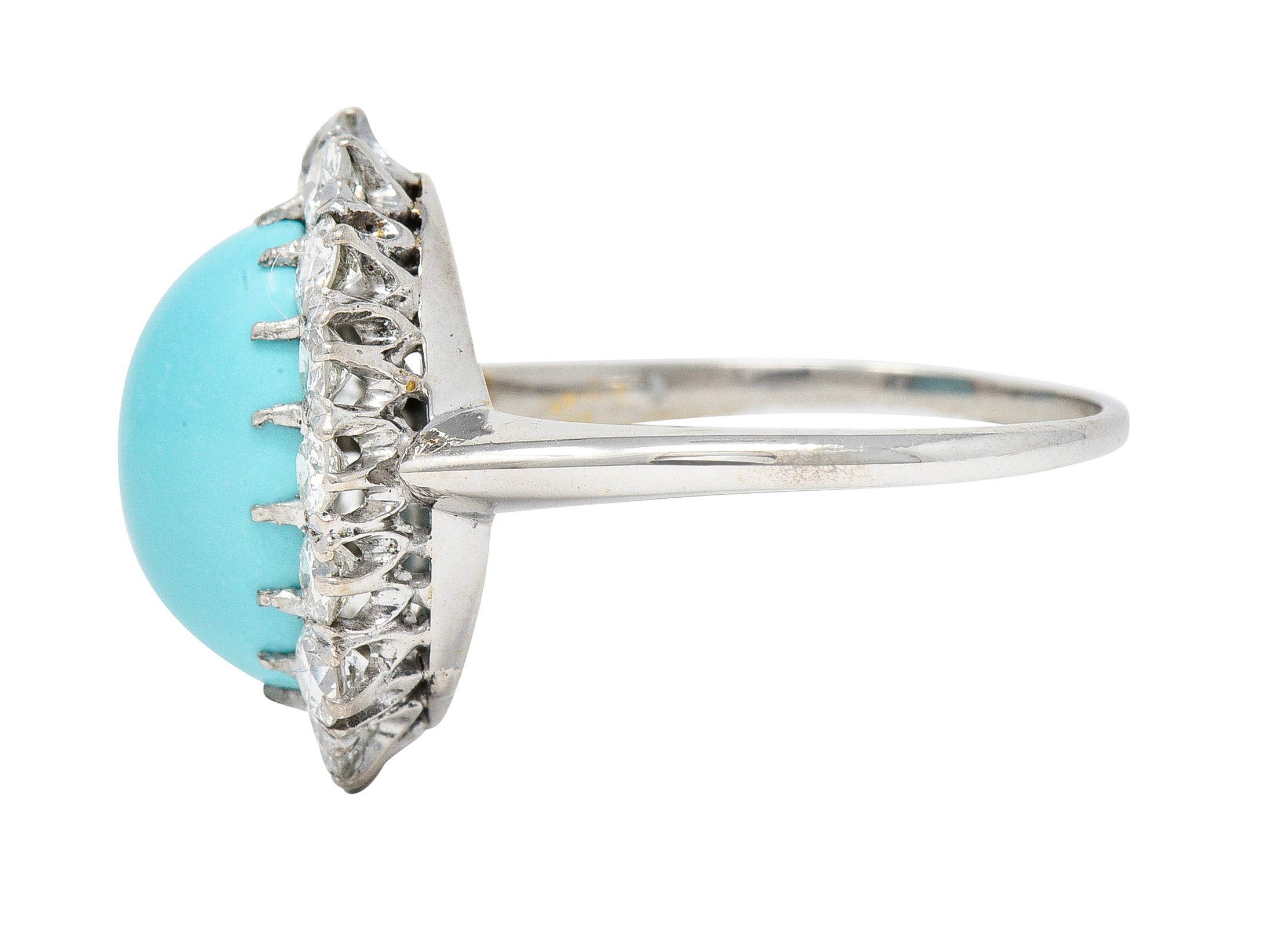 Art Deco 1.20 CTW Turquoise Cabochon Old European Cut Diamond 14 Karat White Gold Halo Ring Wilson's Estate Jewelry