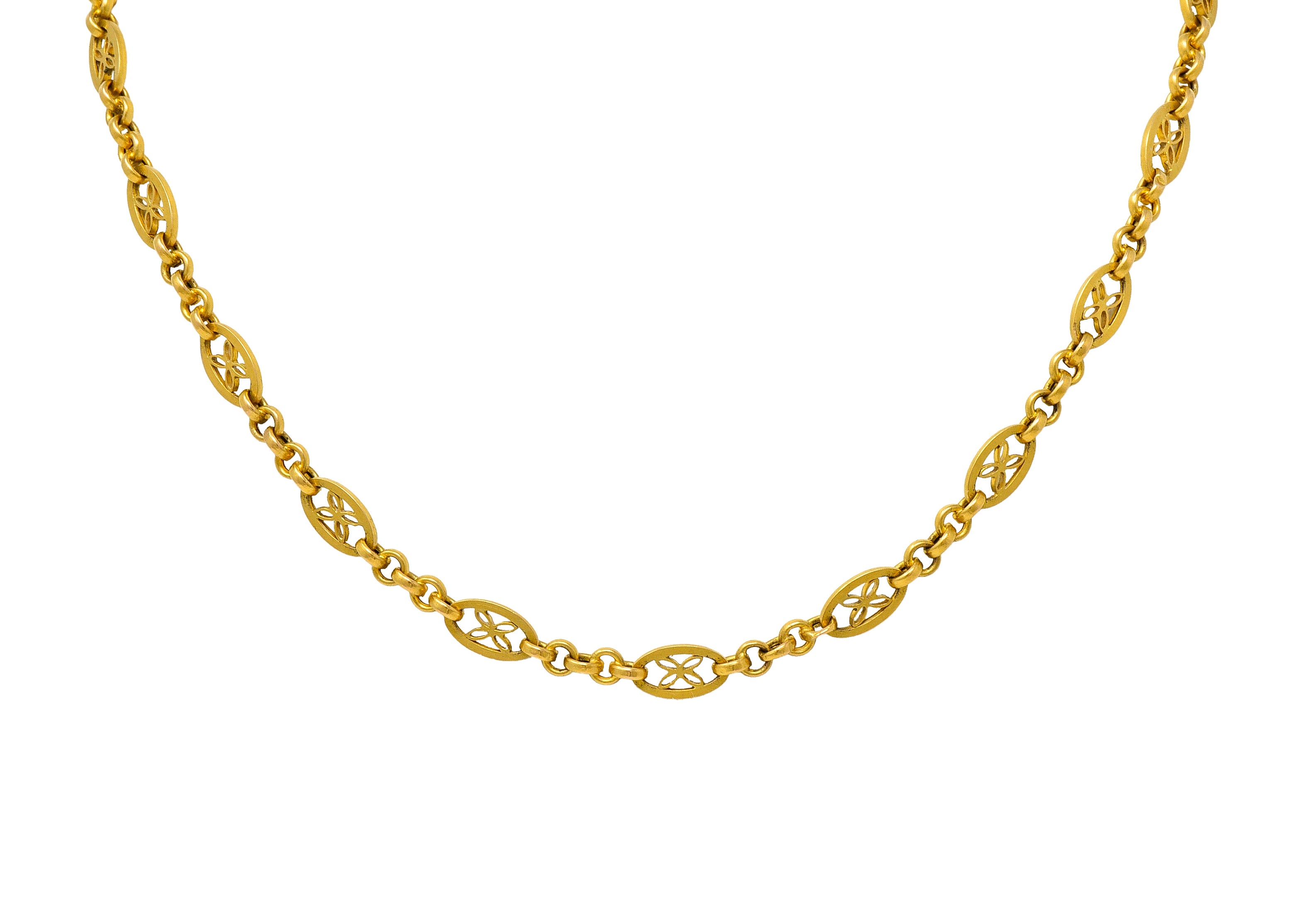 French Victorian 18 Karat Yellow Gold Floral Navette Link Antique Chain Necklace Wilson's Estate Jewelry