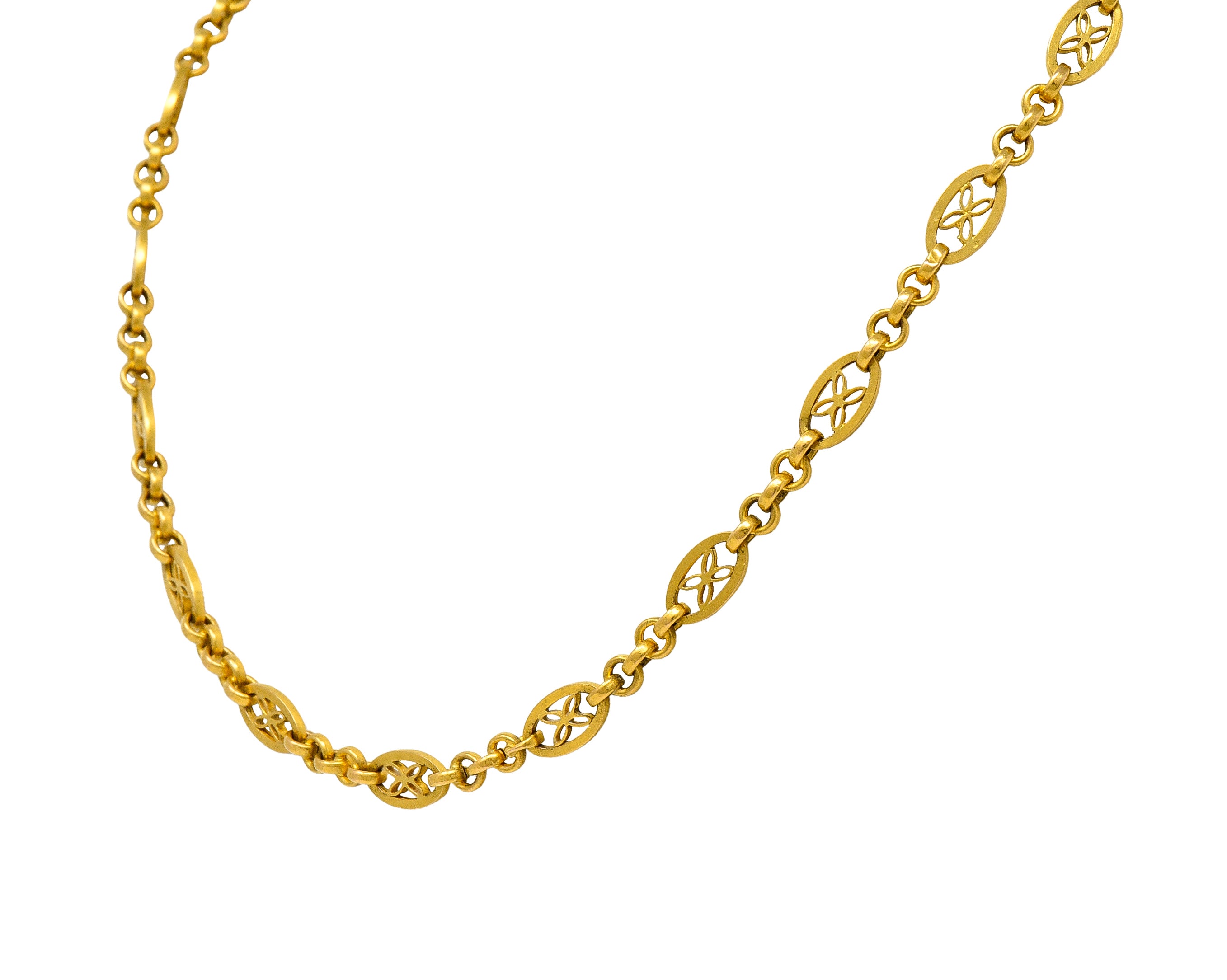 French Victorian 18 Karat Yellow Gold Floral Navette Link Antique Chain Necklace Wilson's Estate Jewelry