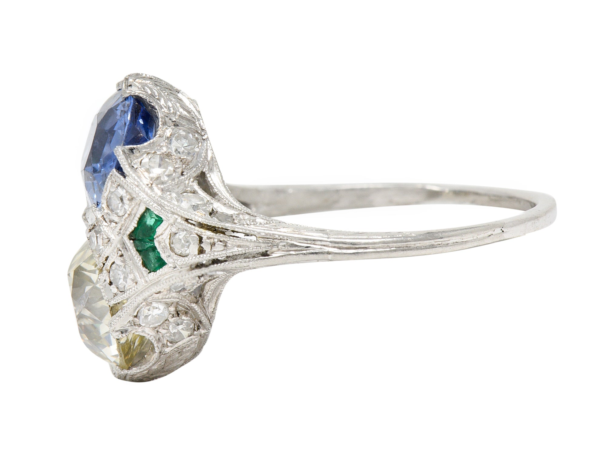 Art Deco 3.87 CTW Old European Cut Diamond Sapphire Emerald Platinum Toi-Et-Moi Vintage Alternative Dinner Ring GIA Wilson's Estate Jewelry