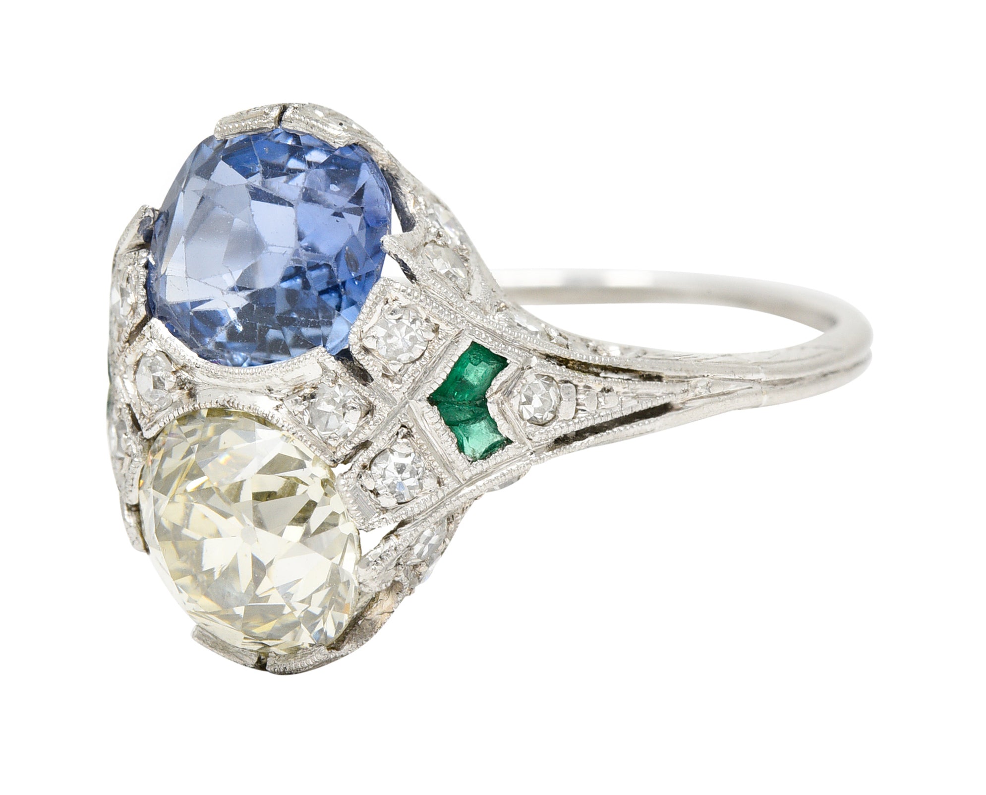 Art Deco 3.87 CTW Old European Cut Diamond Sapphire Emerald Platinum Toi-Et-Moi Vintage Alternative Dinner Ring GIA Wilson's Estate Jewelry