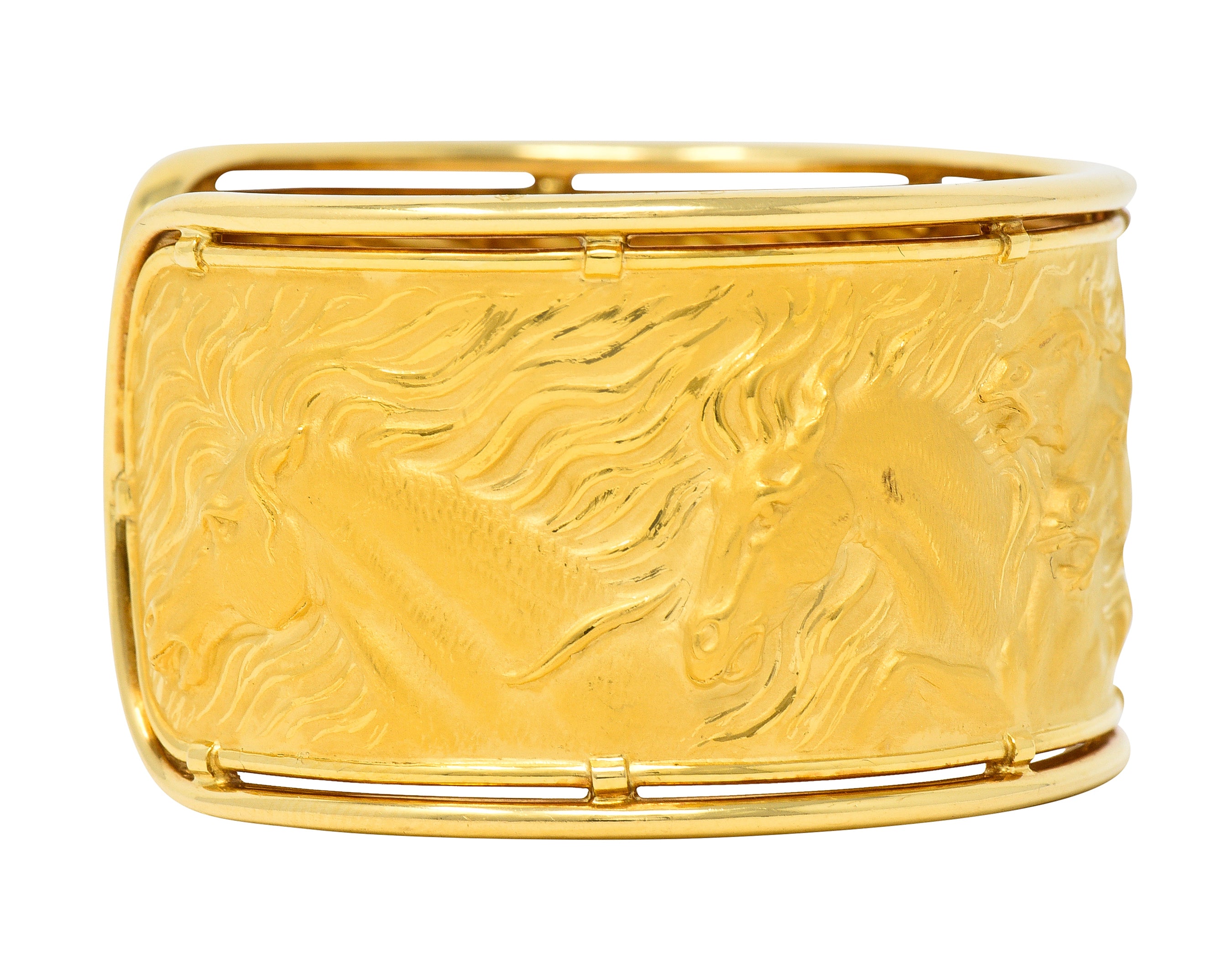 Carrera Y Carrera 1980's 18 Karat Yellow Gold Ecuestre Horse Vintage Cuff Bracelet Wilson's Estate Jewelry