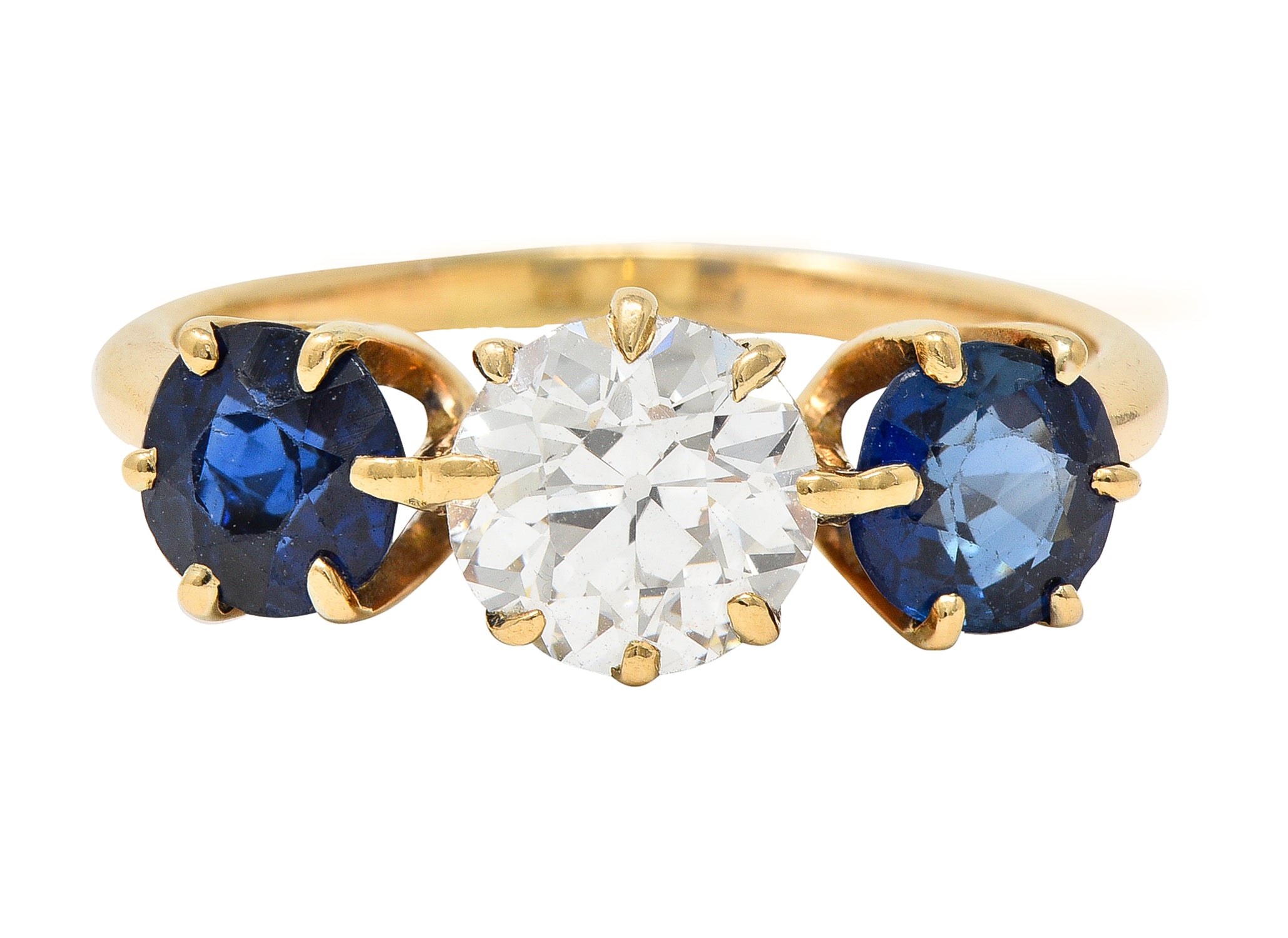 Victorian 2.37 CTW Old European Cut Diamond Sapphire 14 Karat Yellow Gold Antique Three Stone Ring Wilson's Estate Jewelry