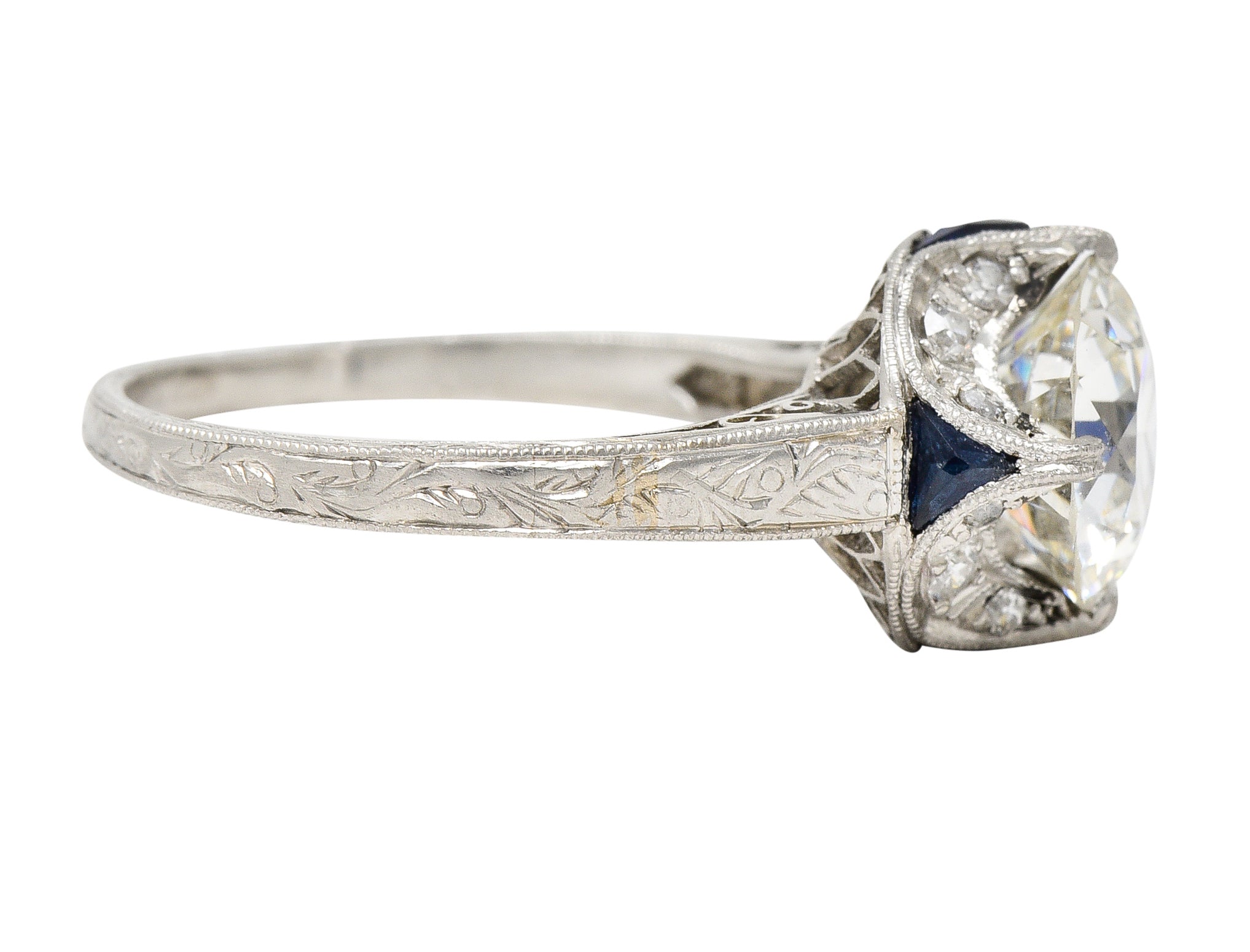 Art Deco 2.95 CTW Old European Cut Diamond Platinum Scrolling Crescent Engagement Ring GIA Wilson's Estate Jewelry