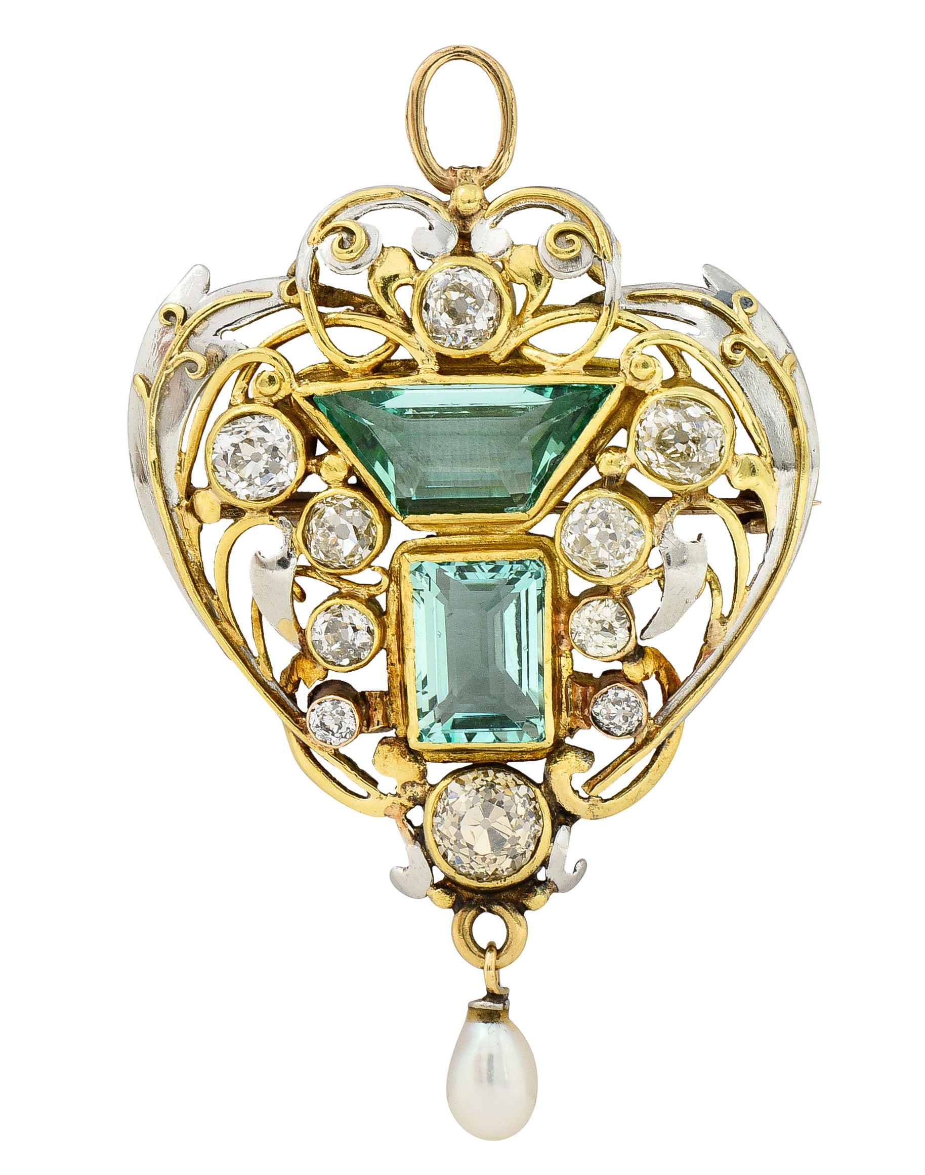 Arts & Crafts 8.80 CTW No Oil Emerald Diamond Pearl Platinum 18 Karat Yellow Gold Scrolling Foliate Antique Pendant Brooch GIA Wilson's Estate Jewelry