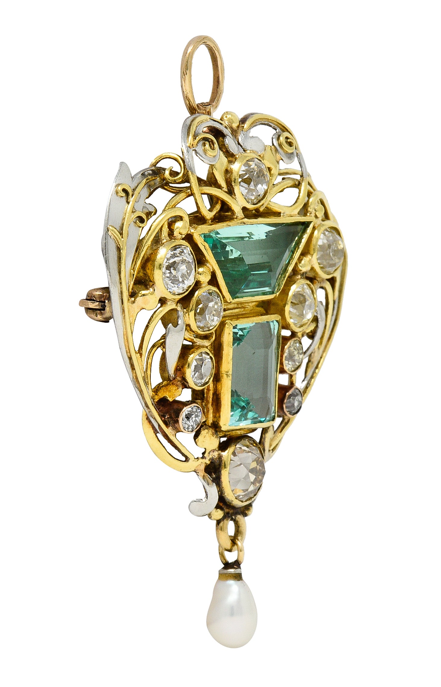 Arts & Crafts 8.80 CTW No Oil Emerald Diamond Pearl Platinum 18 Karat Yellow Gold Scrolling Foliate Antique Pendant Brooch GIA Wilson's Estate Jewelry