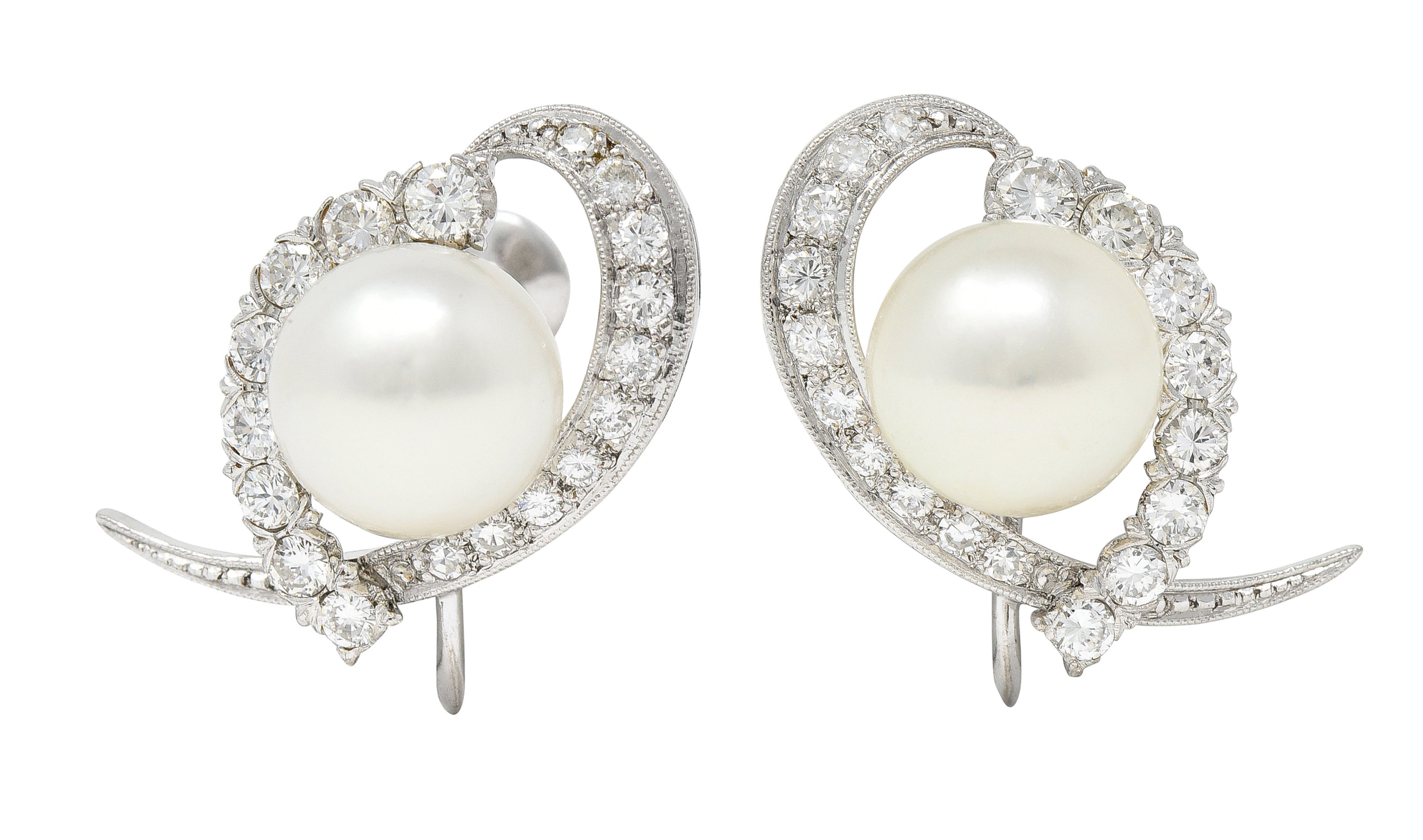 Mikimoto Mid-Century 0.80 CTW Cultured Akoya Pearl 14 Karat White Gold Ribbon Vintage Screw-Back Earrings Wilson's Estate Jewelry